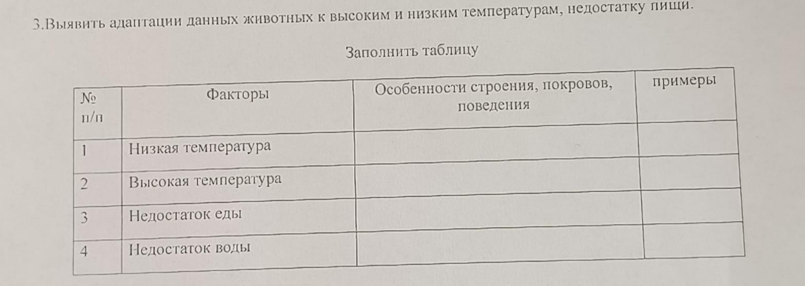 Фото задания: Заполните таблицу об адаптации животных к различным условиям среды.