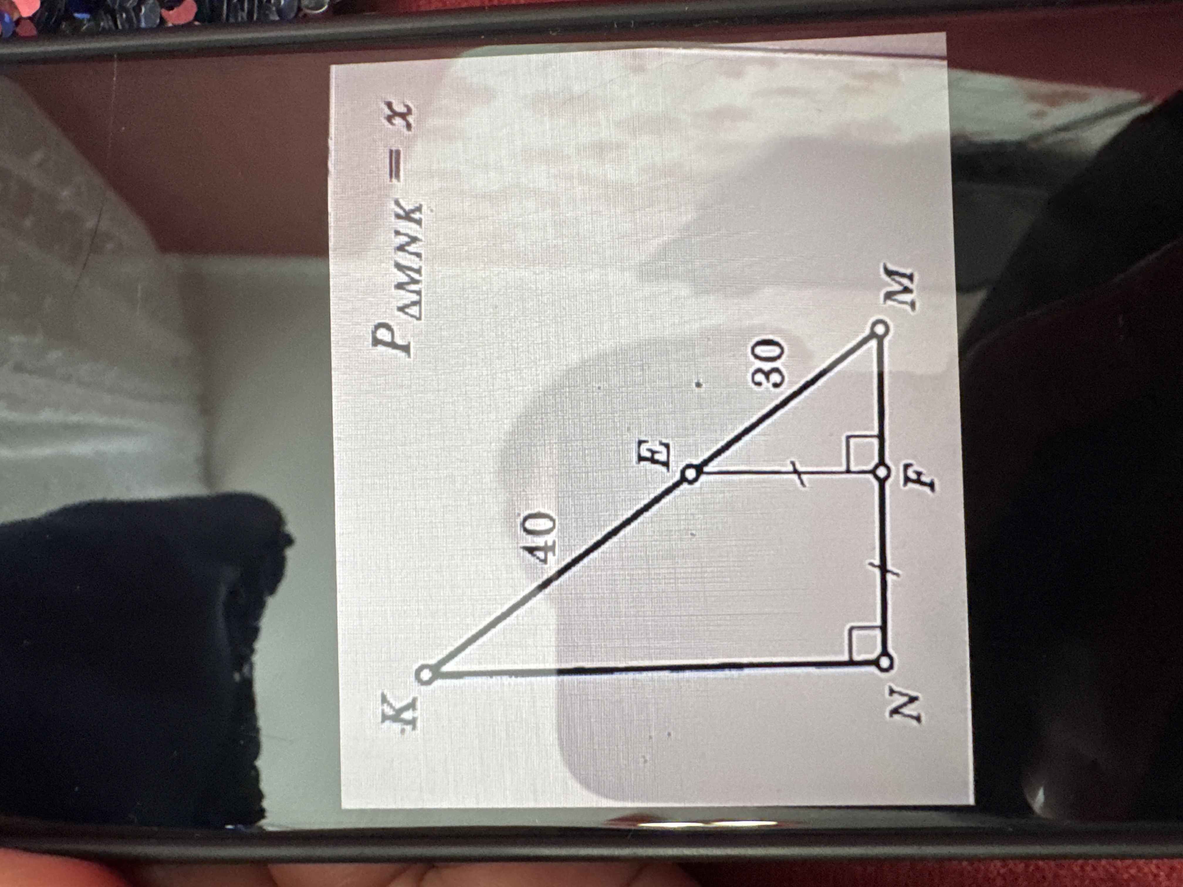 Фото задания: Perimeter of triangle MNK = x, side KN = 40, side KM = 30, side MF = side FN