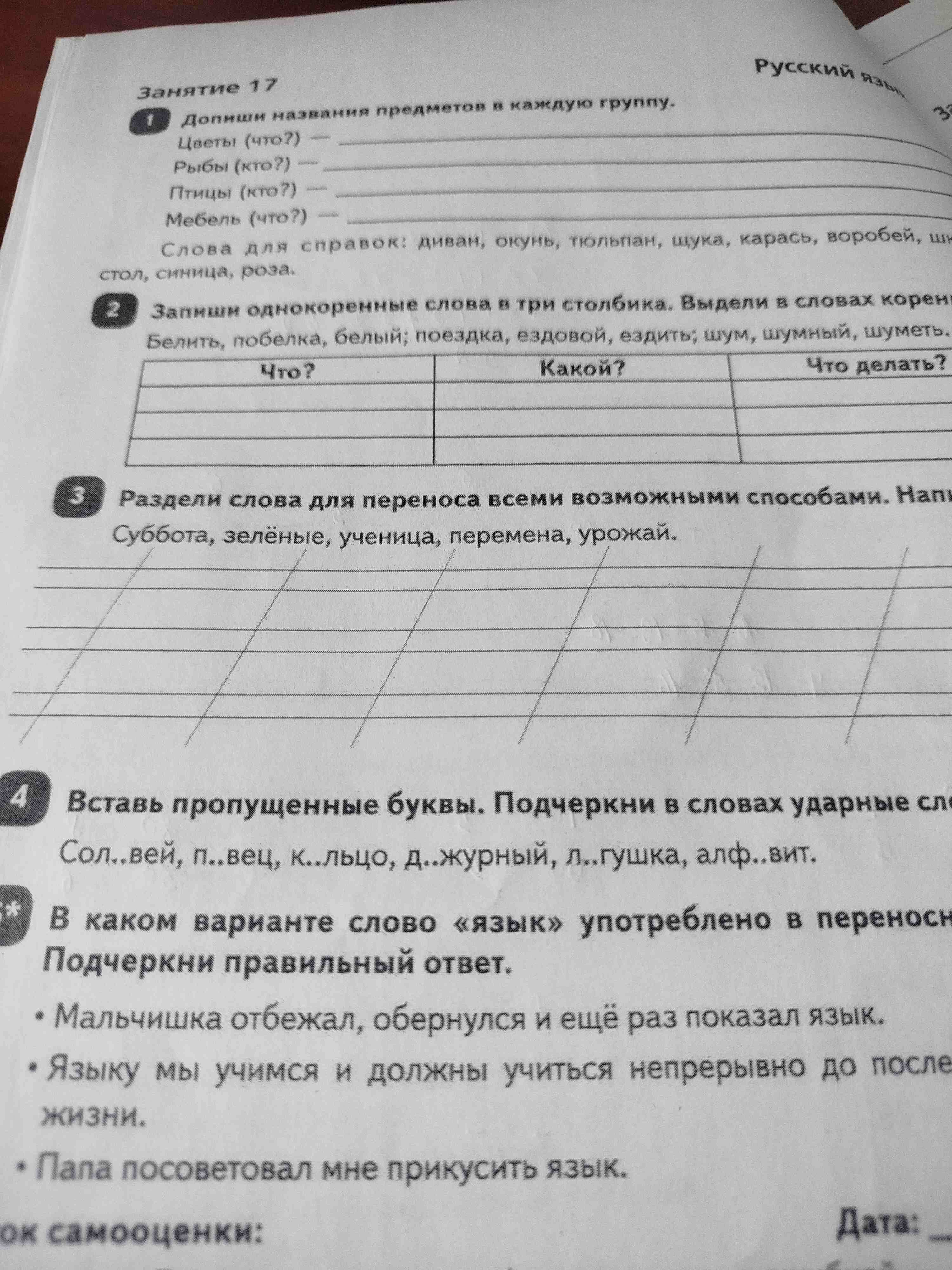 Фото задания: Раздели слова для переноса всеми возможными способами. Напиши. Суббота, зелёные, ученица, перемена, урожай.