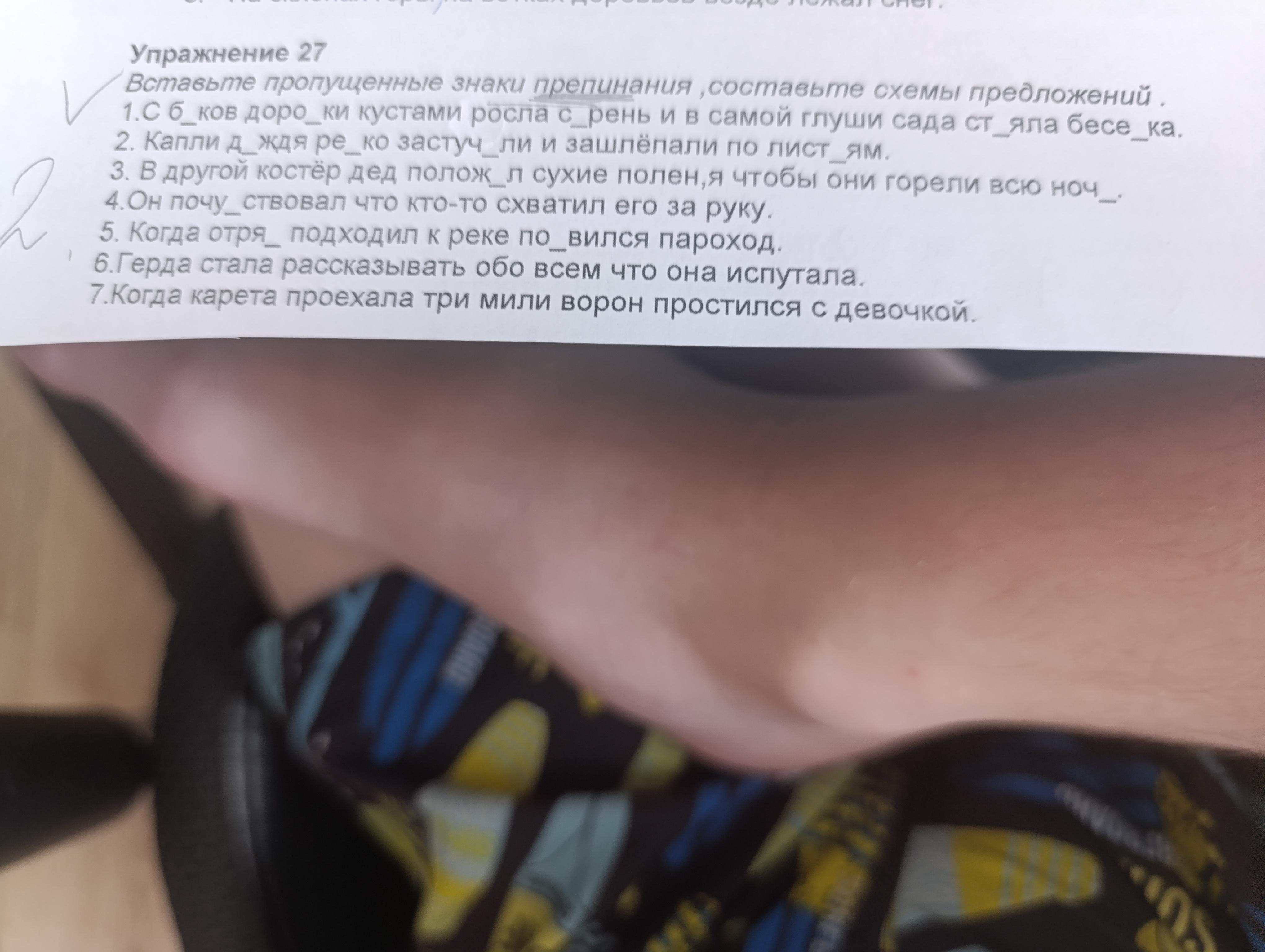 Фото задания: Вставьте пропущенные буквы и знаки препинания, составьте схемы предложений.