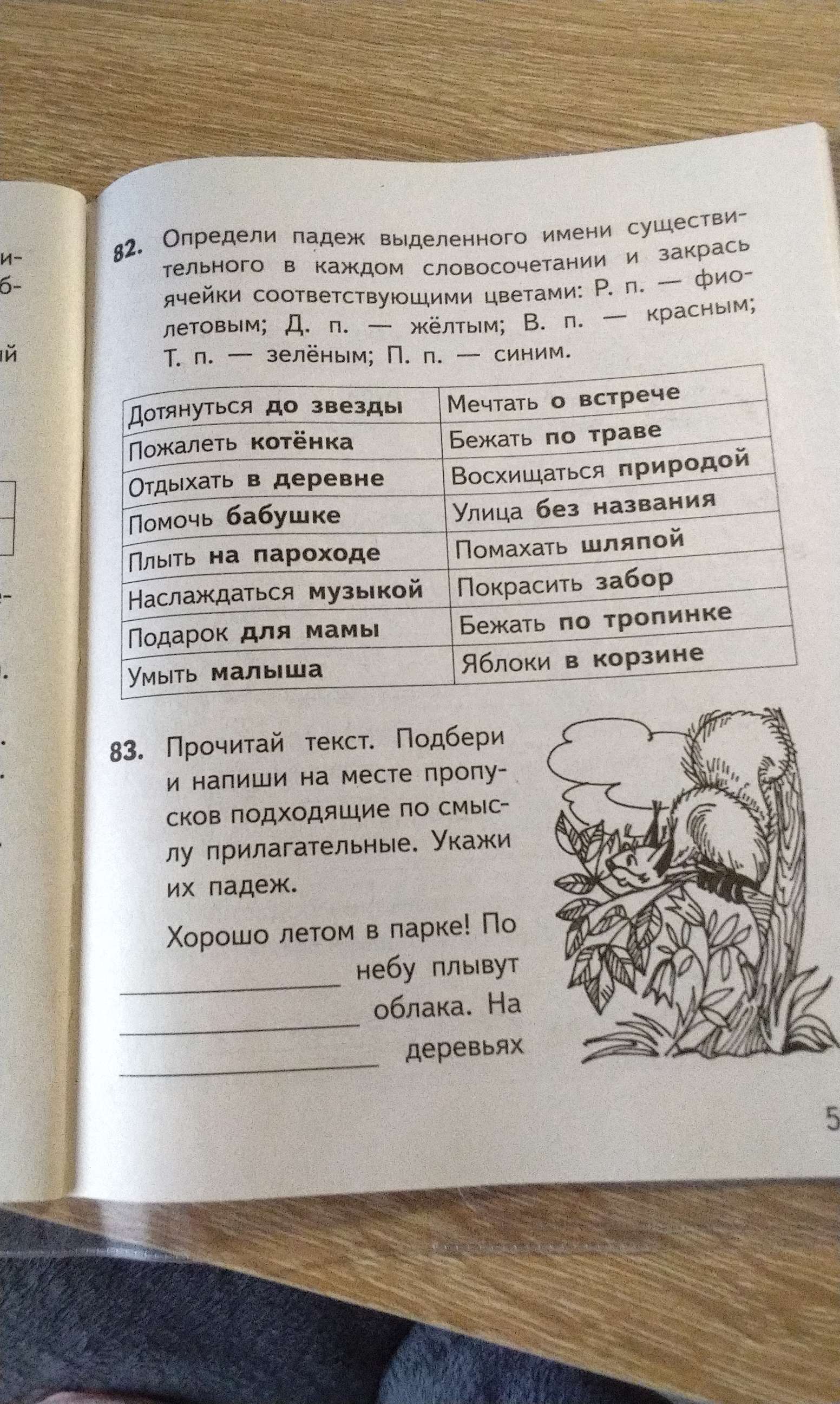 Фото задания: Определи падеж выделенного имени существительного в каждом словосочетании и закрась ячейки соответствующими цветами: Р. п.…