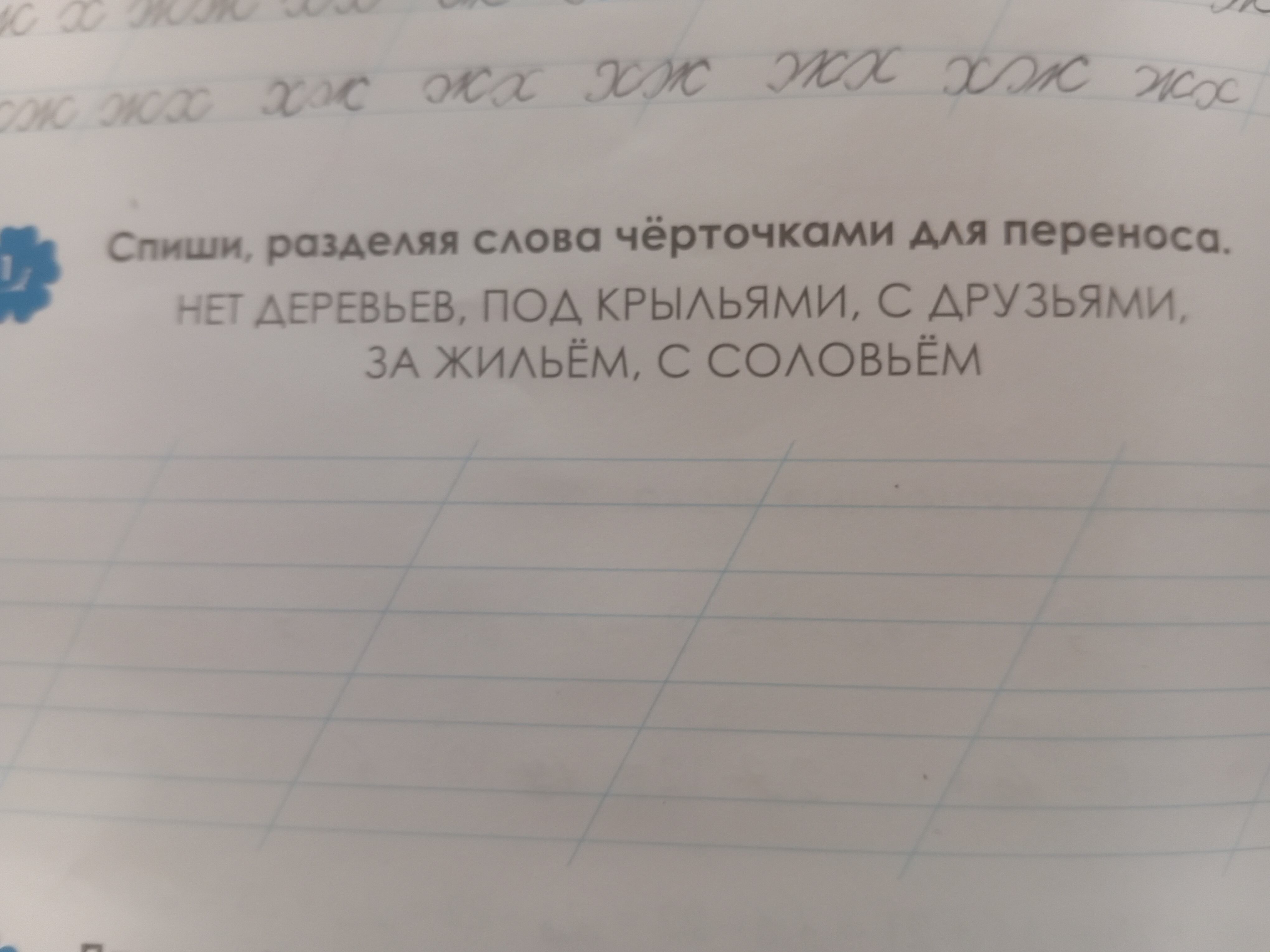 Фото задания: Спиши, разделяя слова чёрточками для переноса. НЕТ ДЕРЕВЬЕВ, ПОД КРЫЛЬЯМИ, С ДРУЗЬЯМИ, ЗА ЖИЛЬЁМ, С СОЛОВЬЁМ