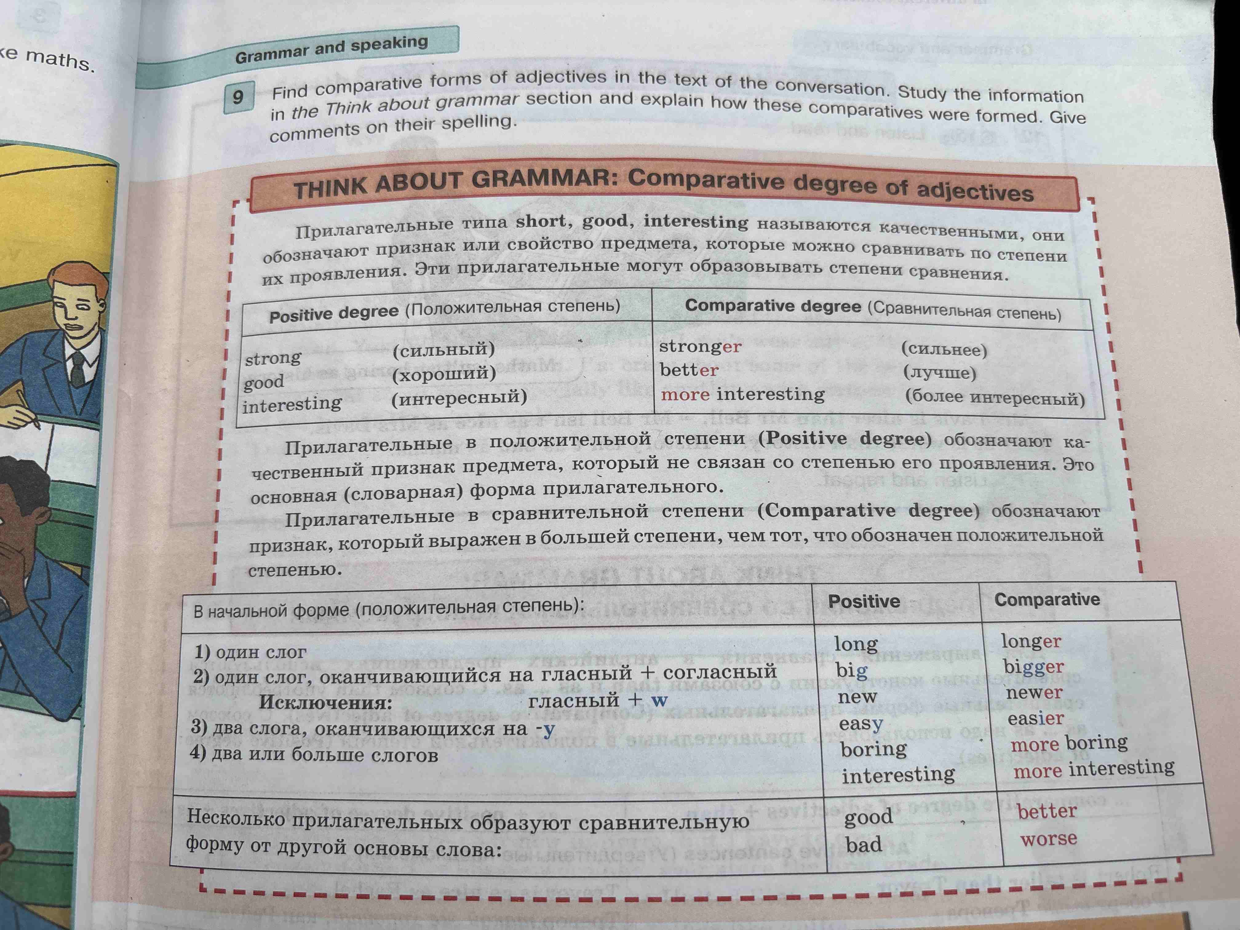 Фото задания: Find comparative forms of adjectives in the text of the conversation. Study the information in the Think about grammar…