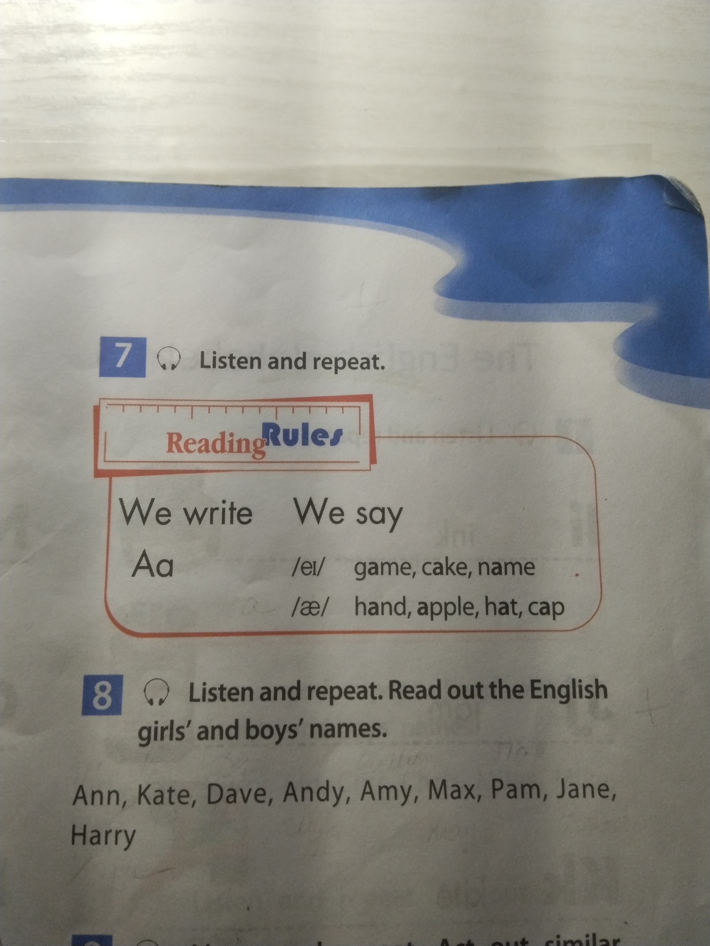 Фото задания: Listen and repeat. Read out the English girls' and boys' names. Ann, Kate, Dave, Andy, Amy, Max, Pam, Jane, Harry