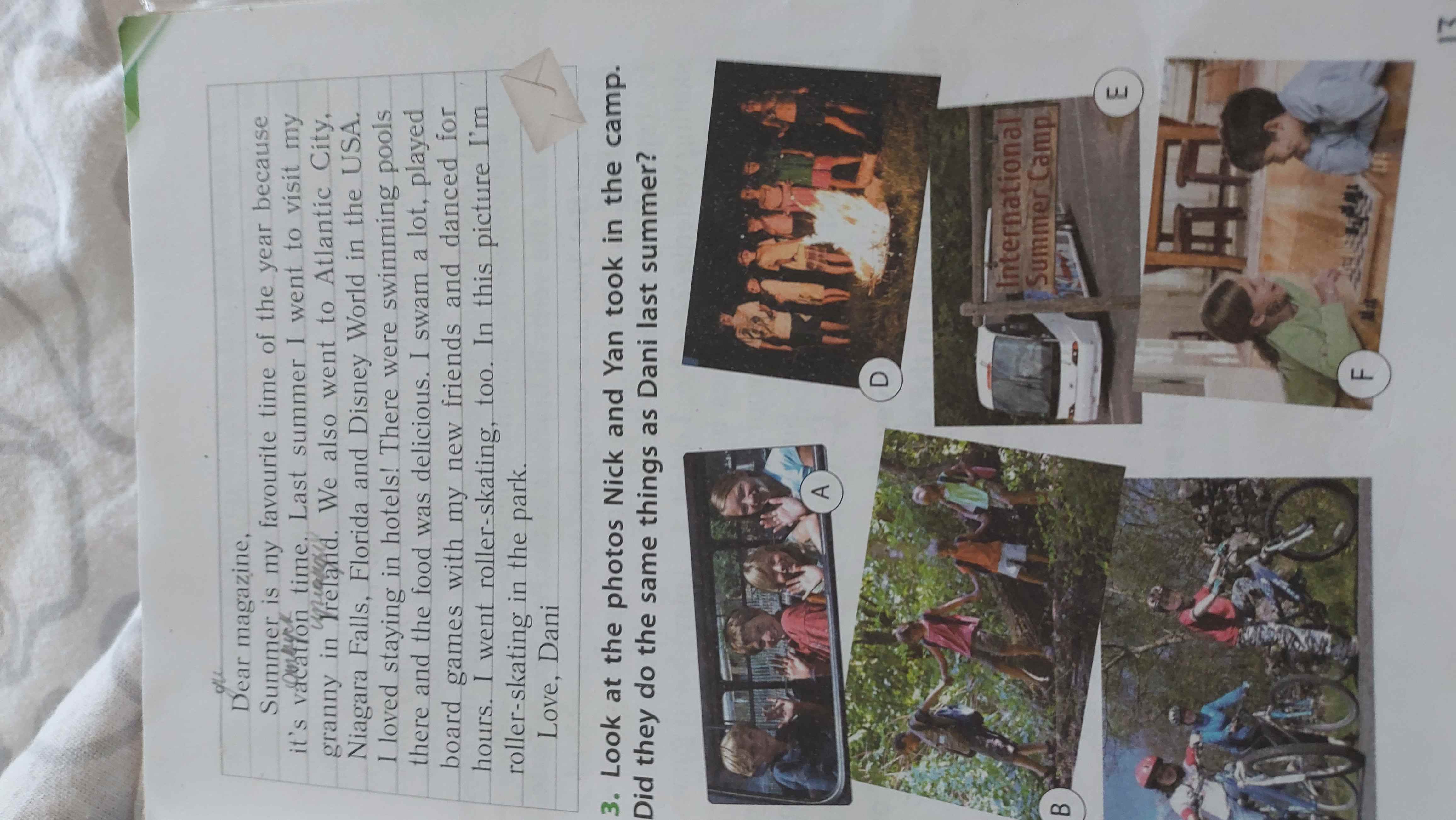 Фото задания: Look at the photos Nick and Yan took in the camp. Did they do the same things as Dani last summer?