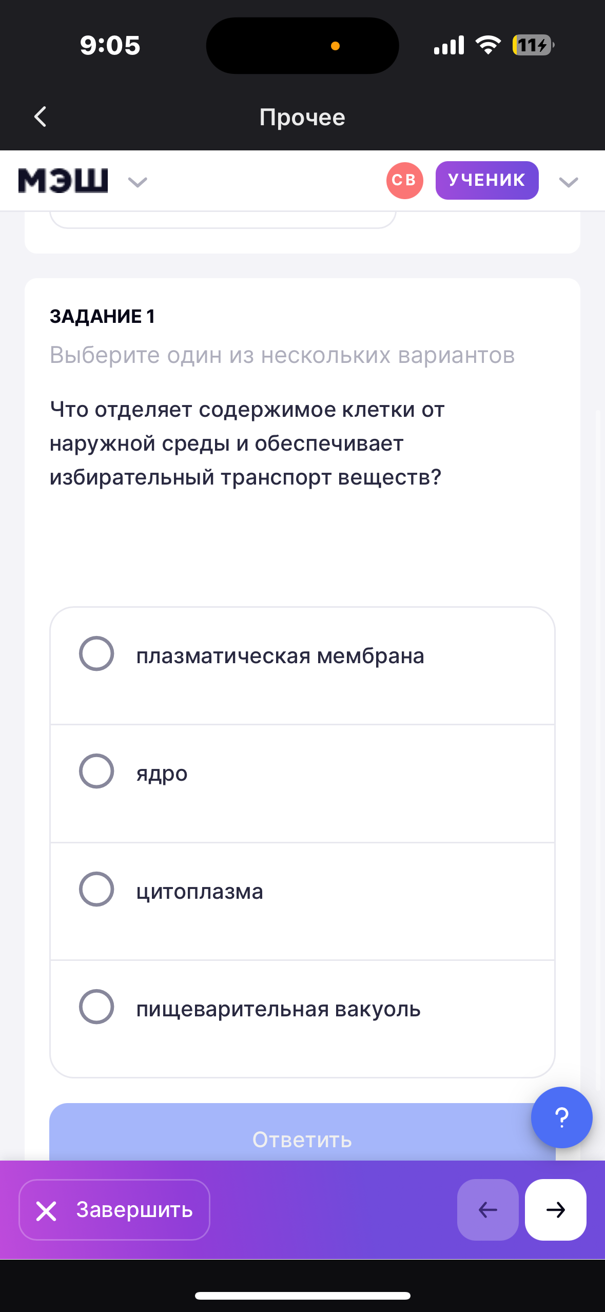 Фото задания: Что отделяет содержимое клетки от наружной среды и обеспечивает избирательный транспорт веществ?