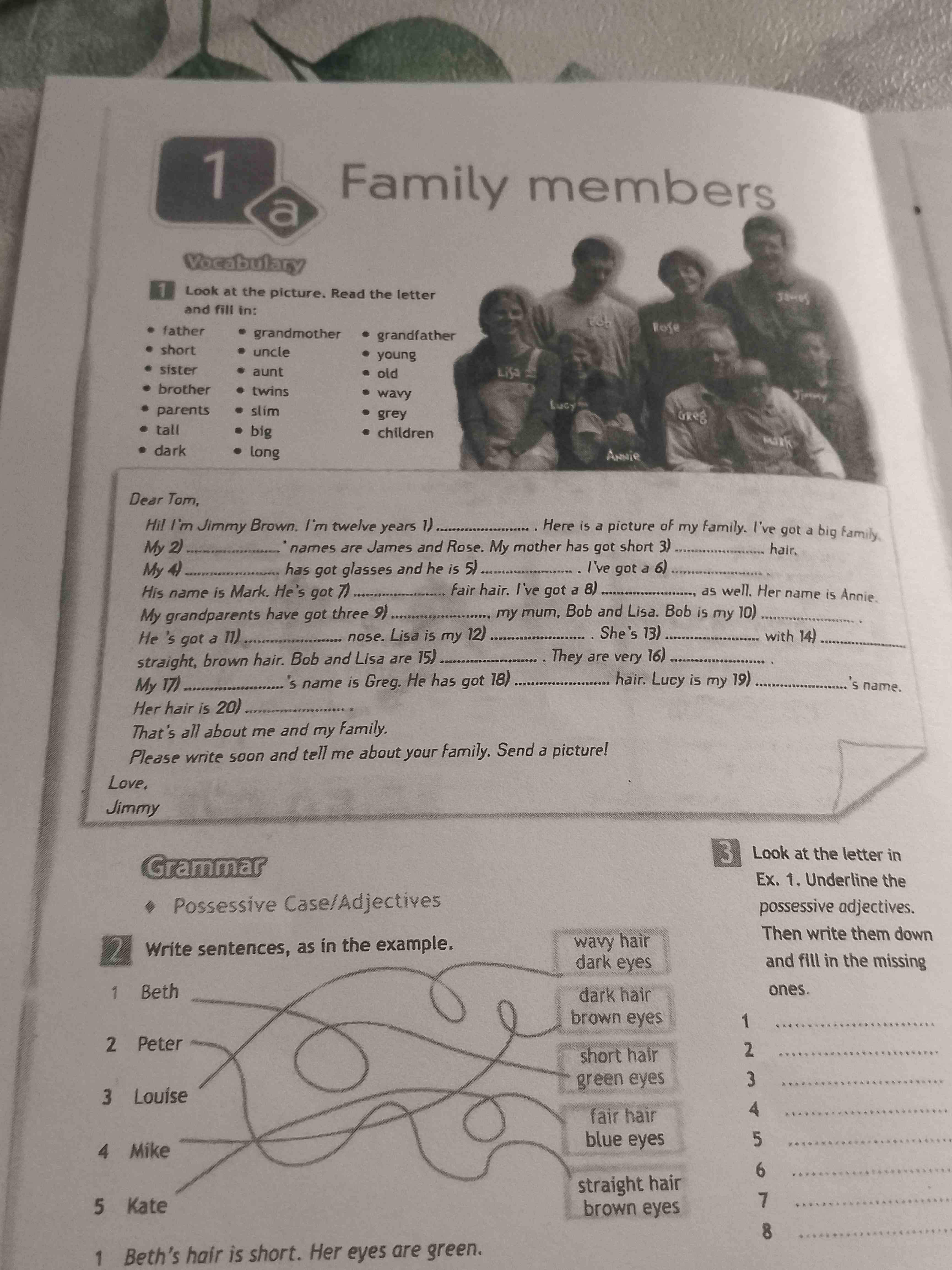 Фото задания: Look at the picture. Read the letter and fill in: * father * short * sister * brother * parents * tall * dark * grandmother *…
