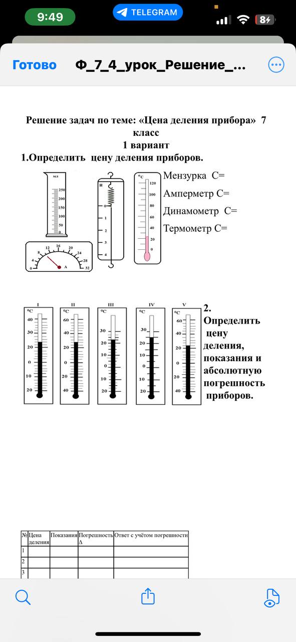 Фото задания: 1. Определить цену деления приборов: Мензурка, Амперметр, Динамометр, Термометр