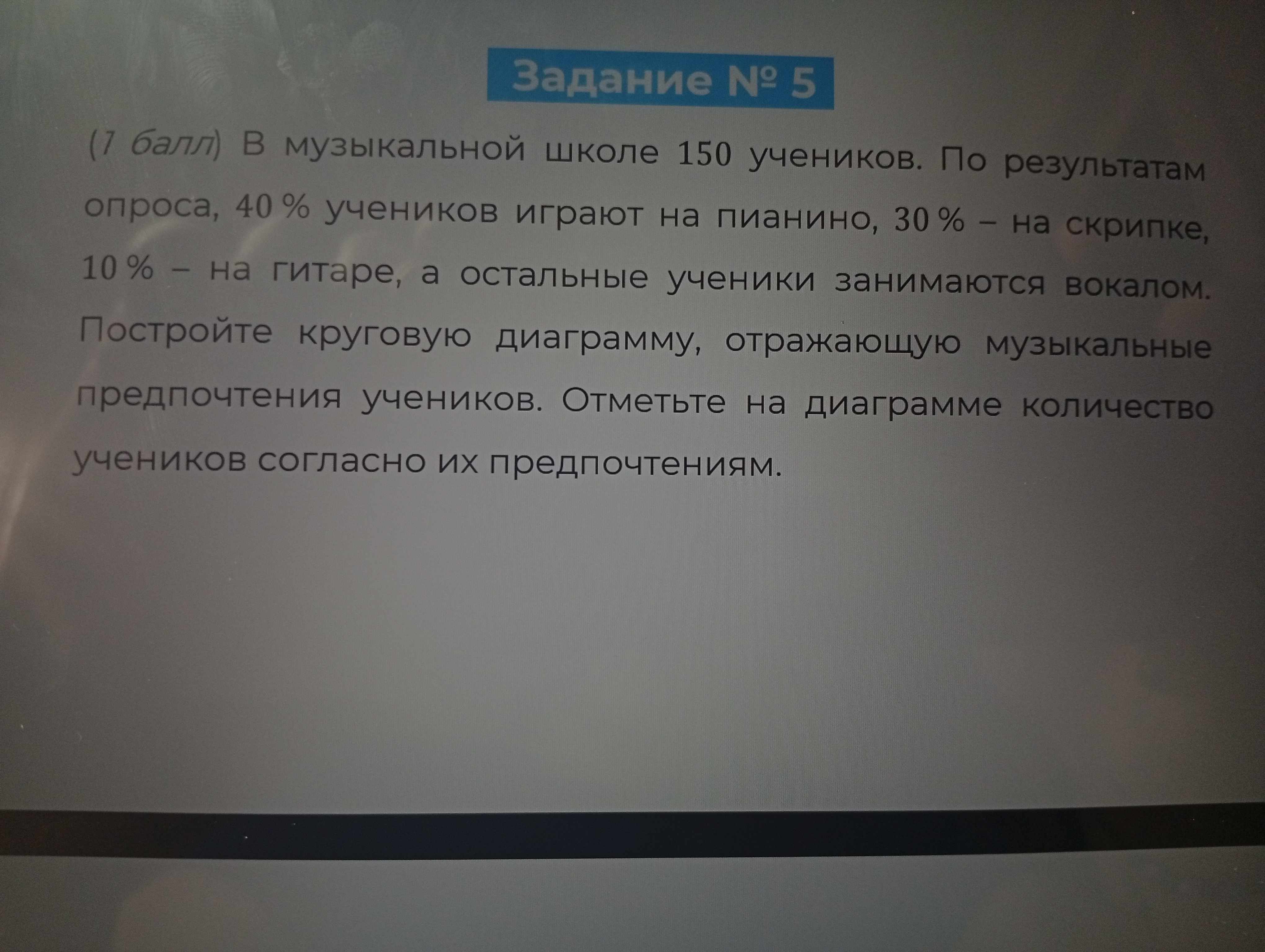 Фото задания: В музыкальной школе 150 учеников. По результатам опроса, 40% учеников играют на пианино, 30% – на скрипке, 10% – на гитаре, а…