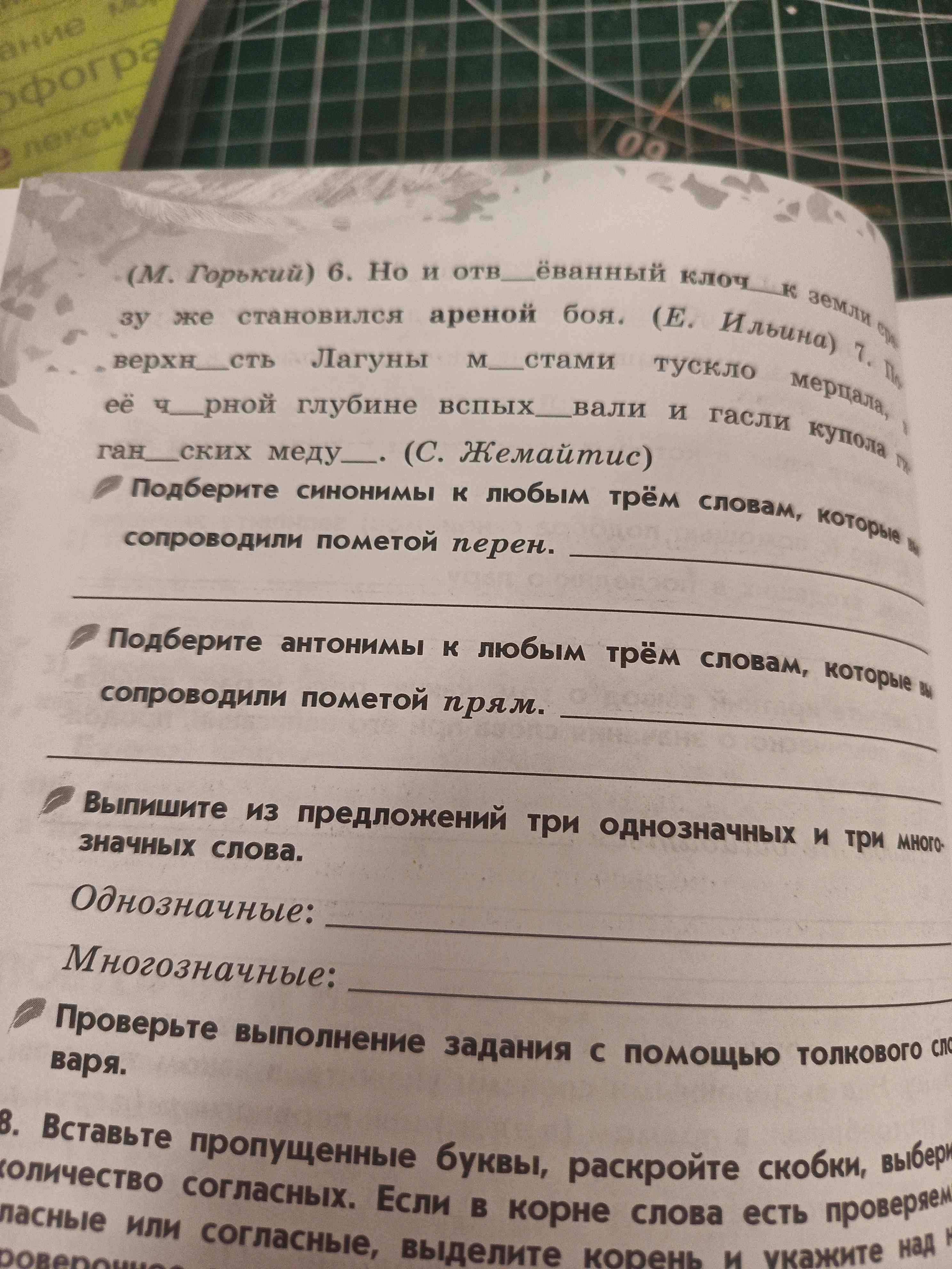 Фото задания: Выпишите из предложений три однозначных и три многозначных слова.