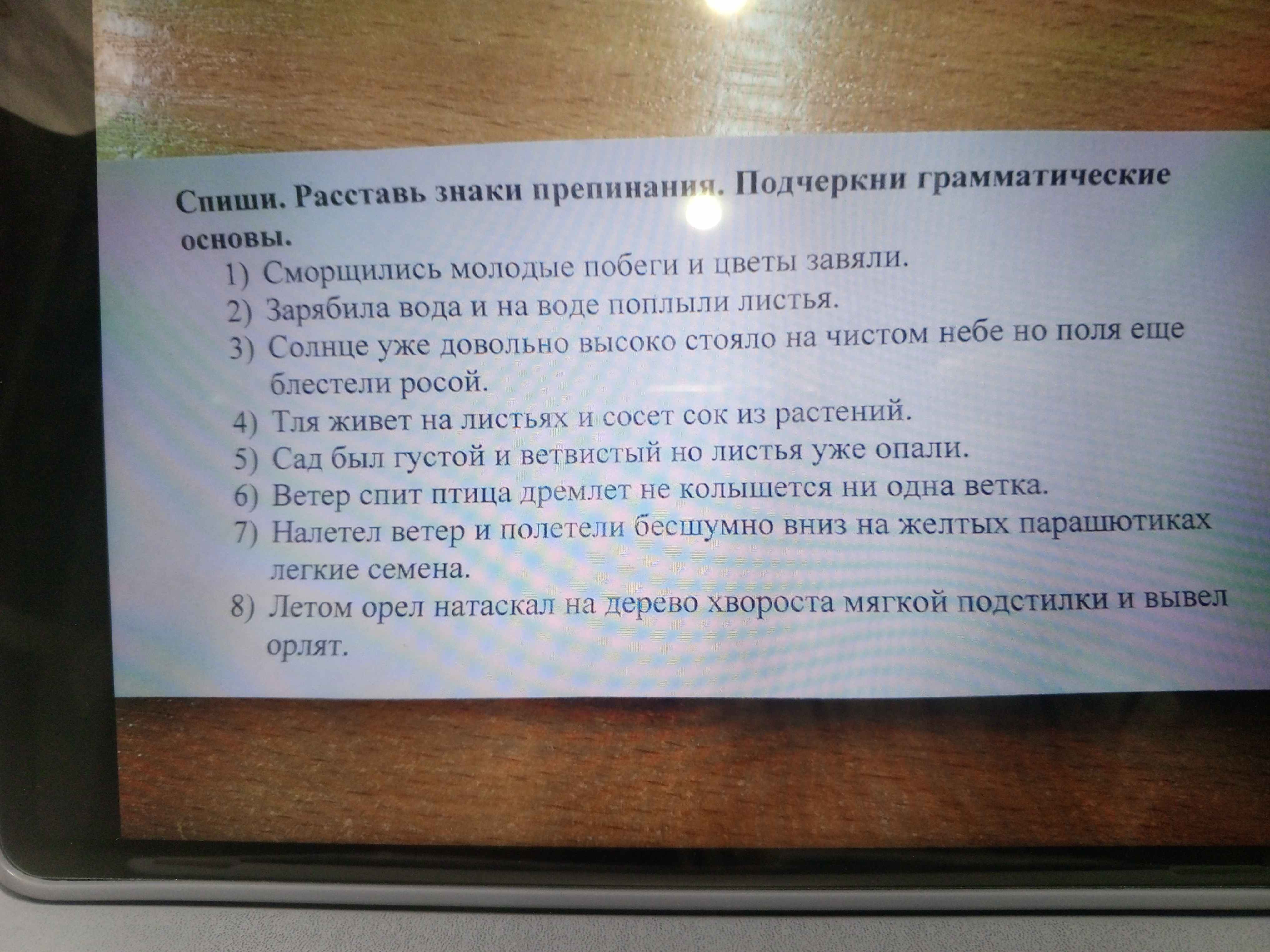 Фото задания: Спиши. Расставь знаки препинания. Подчеркни грамматические основы. 1) Сморщились молодые побеги и цветы завяли. 2) Зарябила…
