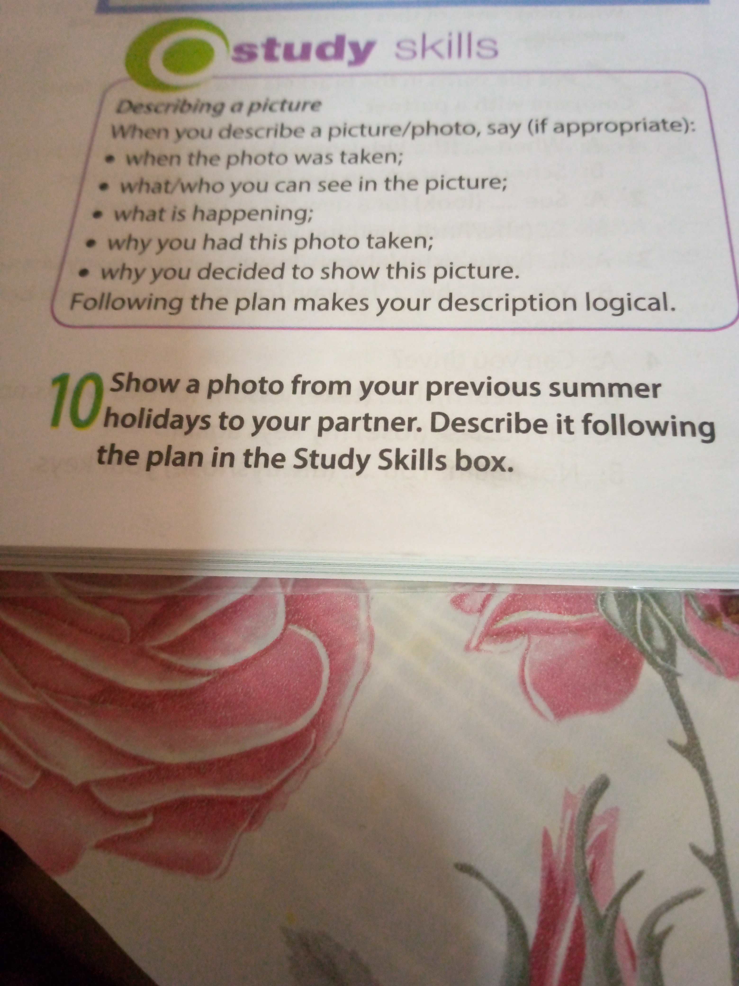 Фото задания: Show a photo from your previous summer holidays to your partner. Describe it following the plan in the Study Skills box.