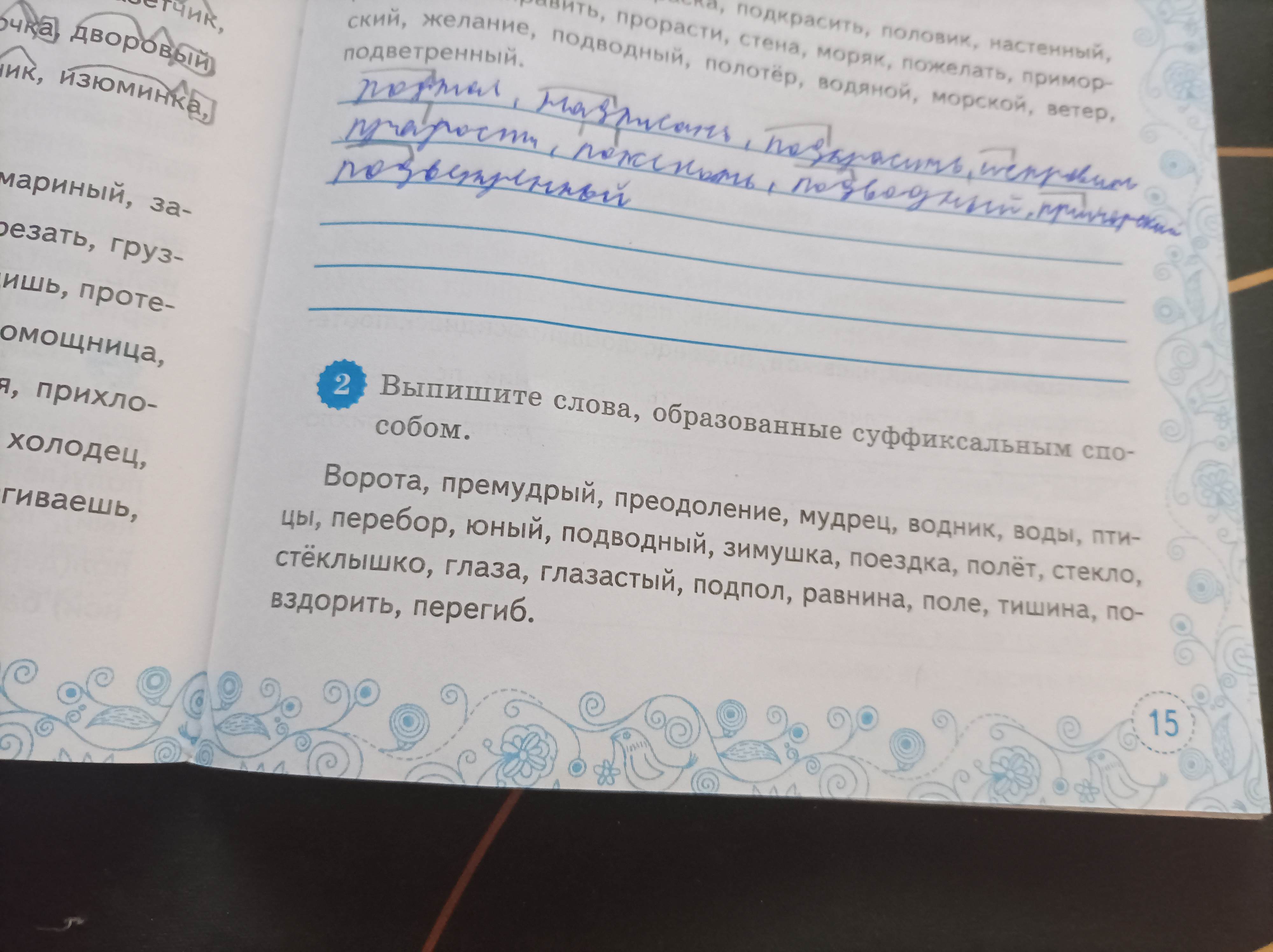 Фото задания: Выпишите слова, образованные суффиксальным способом. Ворота, премудрый, преодоление, мудрец, водник, воды, птицы, перебор,…