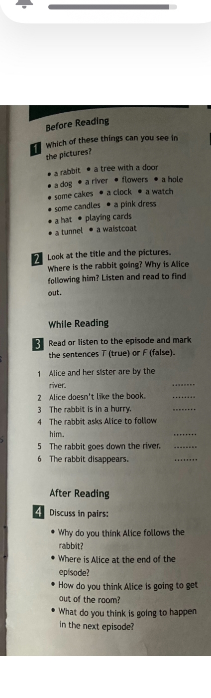 Фото задания: Look at the title and the pictures. Where is the rabbit going? Why is Alice following him? Listen and read to find out.