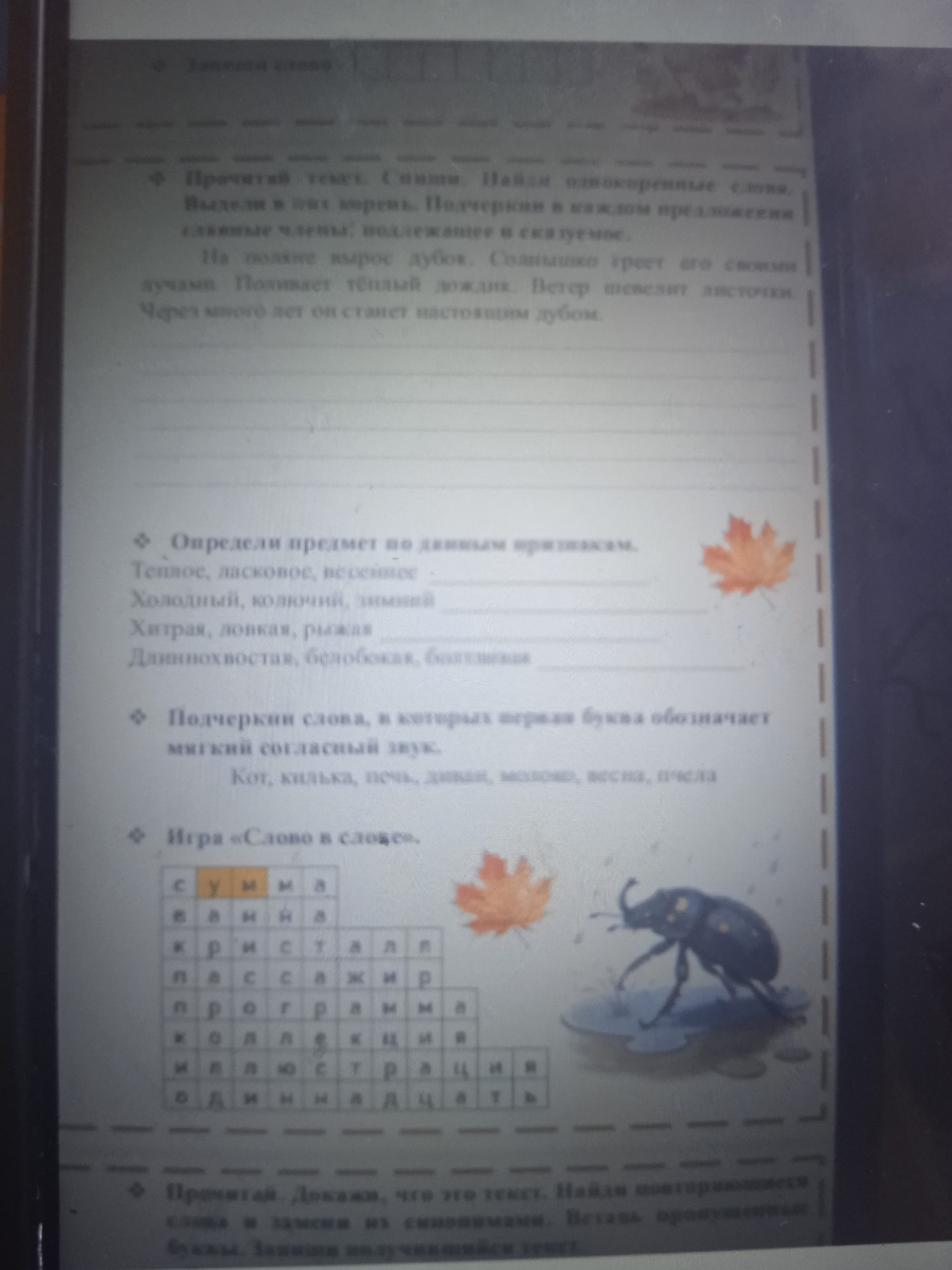 Фото задания: Подчеркни слова, в которых первая буква обозначает мягкий согласный звук. Кот, килька, печь, диван, молоко, весна, пчела.