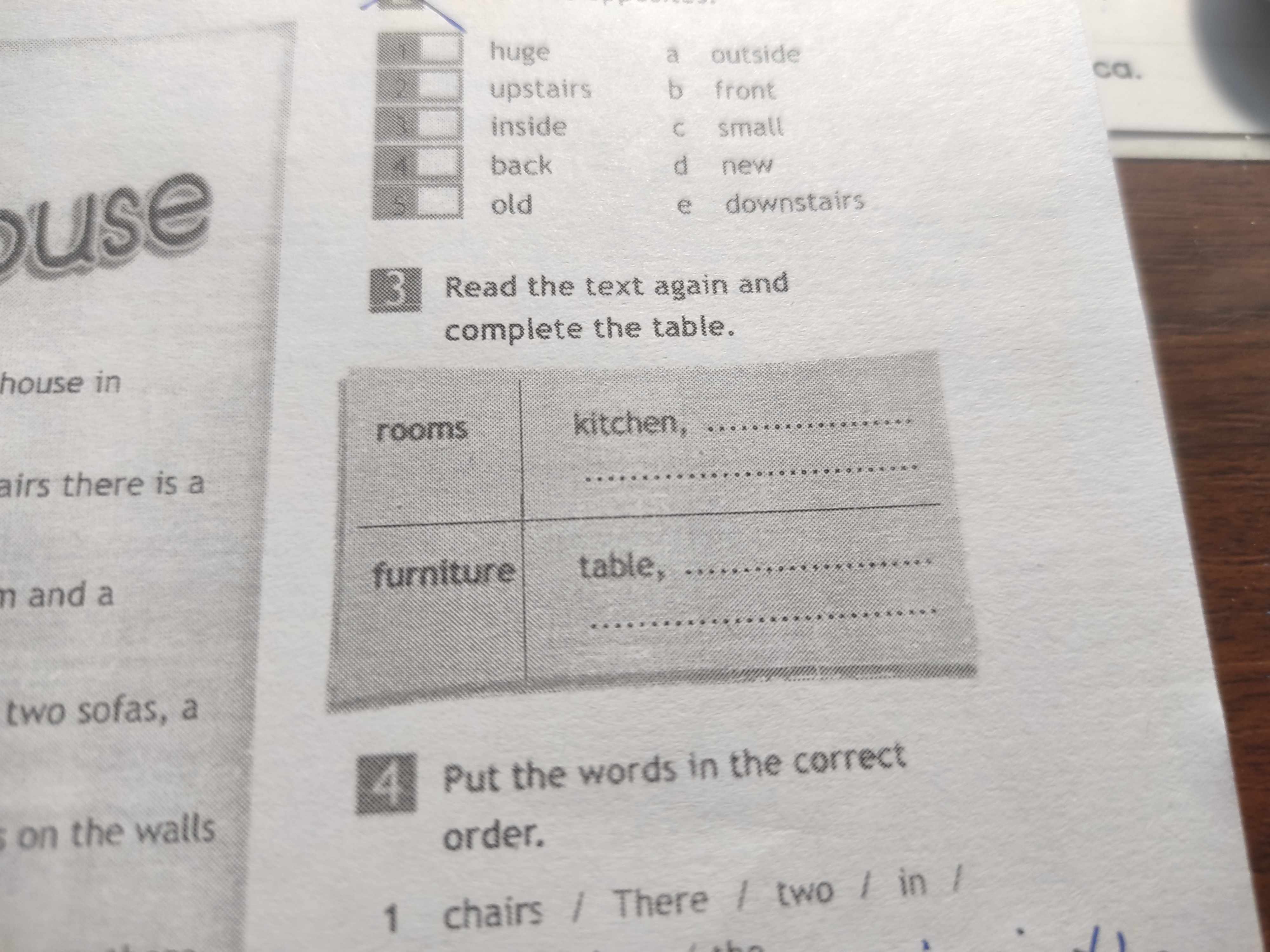 Фото задания: Read the text again and complete the table. rooms kitchen, furniture table,