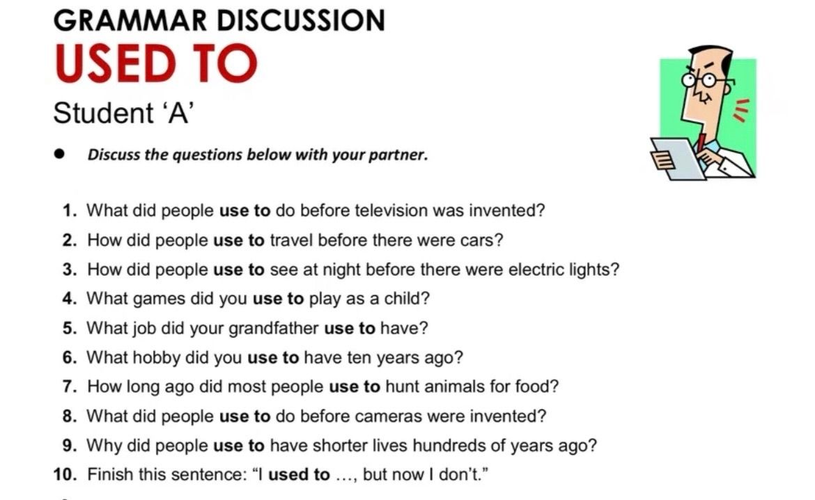 Фото задания: GRAMMAR DISCUSSION USED TO Student 'A' Discuss the questions below with your partner. 1. What did people use to do before…