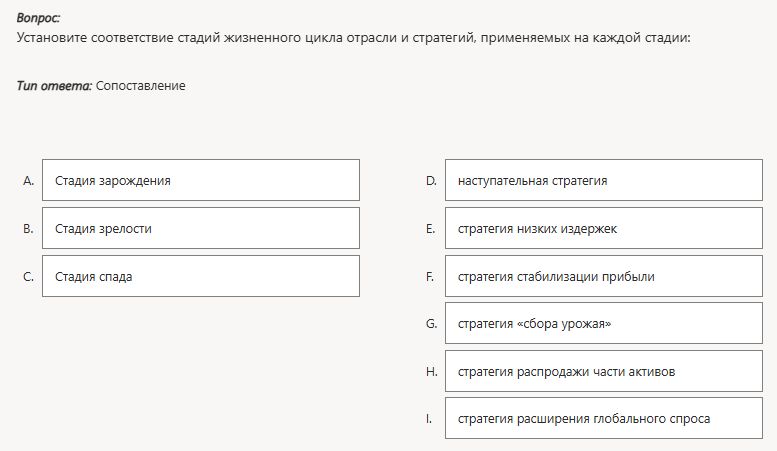Фото задания: Установите соответствие стадий жизненного цикла отрасли и стратегий, применяемых на каждой стадии: