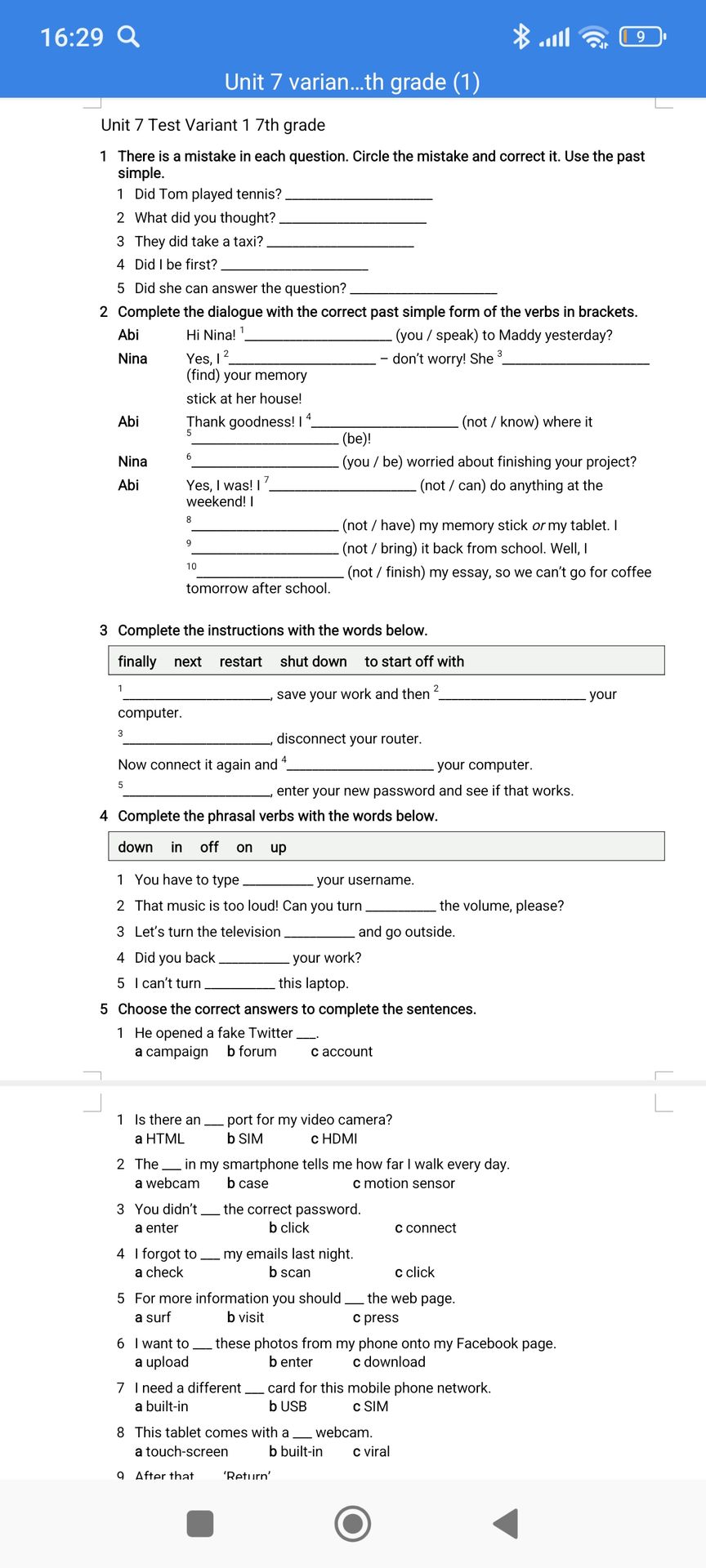 Фото задания: Unit 7 Test Variant 1 7th grade 1 There is a mistake in each question. Circle the mistake and correct it. Use the past…