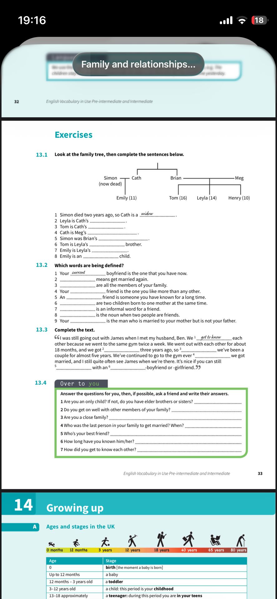 Фото задания: 13.1 Look at the family tree, then complete the sentences below. 1 Simon died two years ago, so Cath is a ___________. 2…