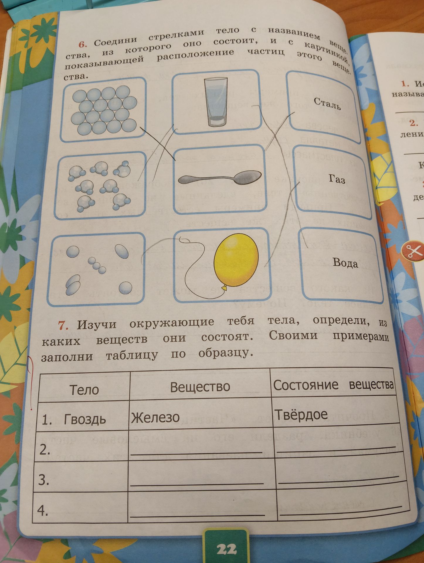 Фото задания: 7. Изучи окружающие тебя тела, определи, из каких веществ они состоят. Своими примерами заполни таблицу по образцу. Тело 1.…