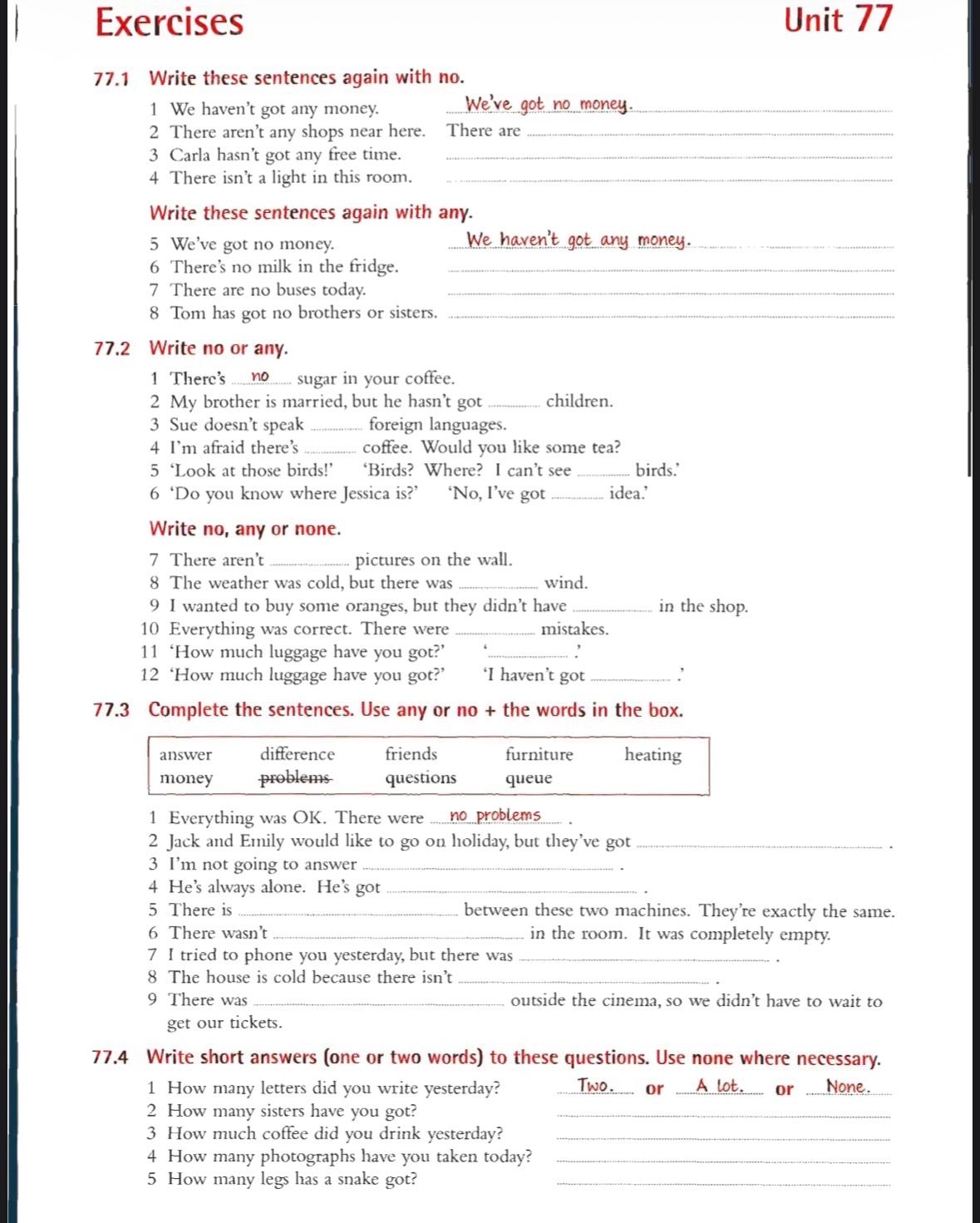 Фото задания: 77.4 Write short answers (one or two words) to these questions. Use none where necessary. 1 How many letters did you write…