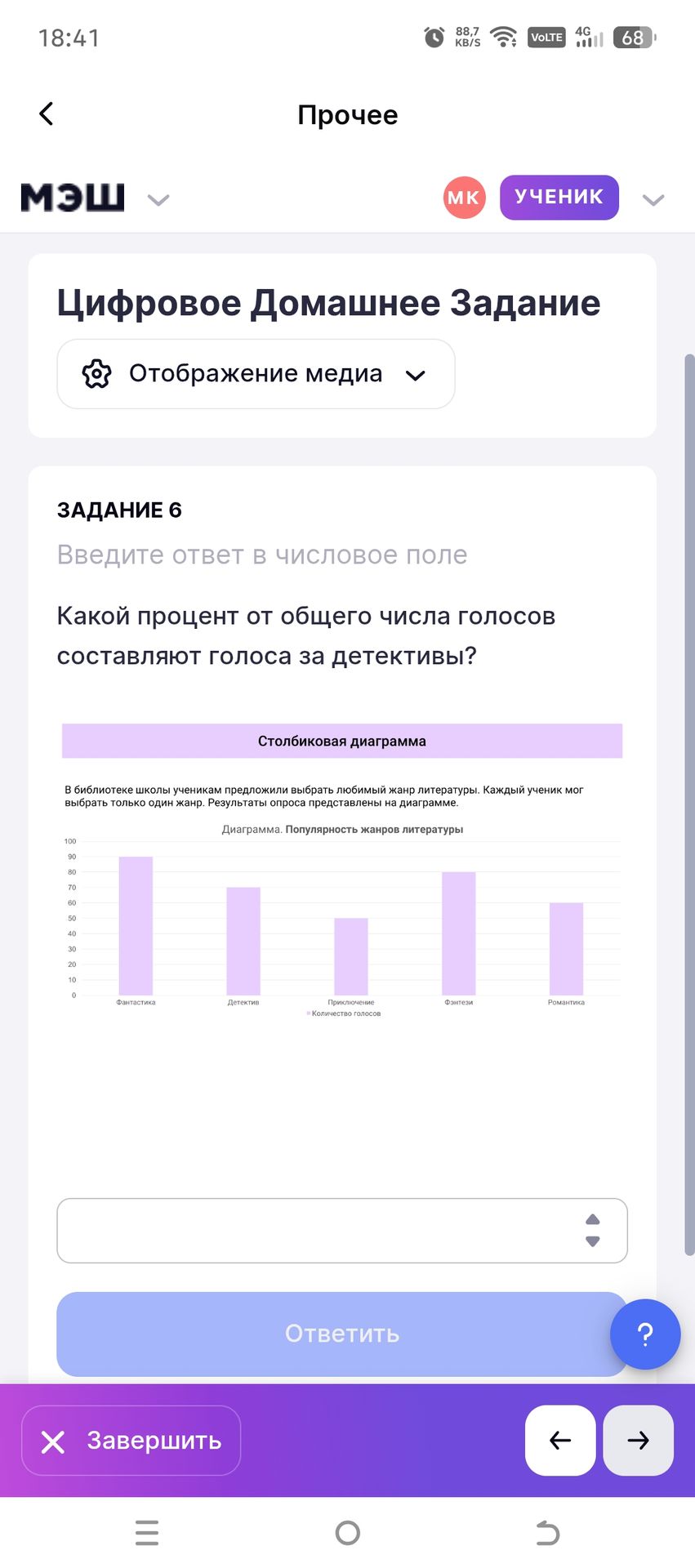 Фото задания: Какой процент от общего числа голосов составляют голоса за детективы?