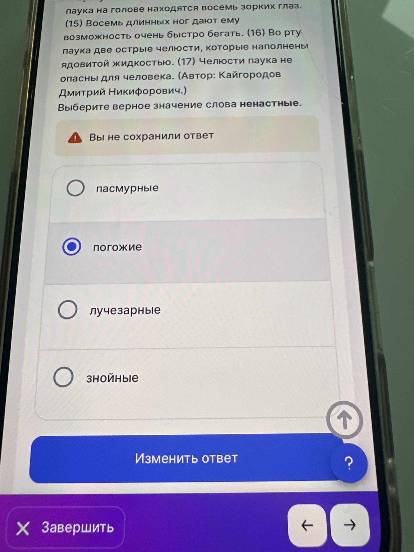 Фото задания: Выберите верное значение слова ненастные.