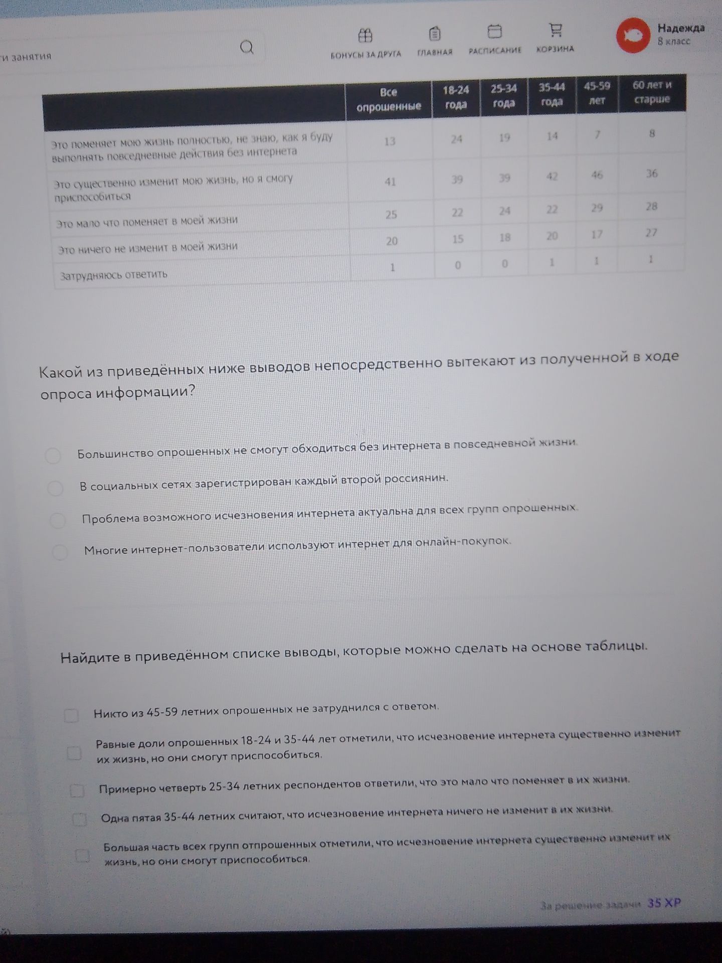Фото задания: Какой из приведённых ниже выводов непосредственно вытекают из полученной в ходе опроса информации?