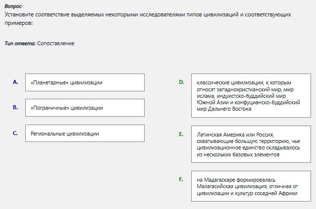 Фото задания: Установите соответствие выделяемых некоторыми исследователями типов цивилизаций и соответствующих примеров: