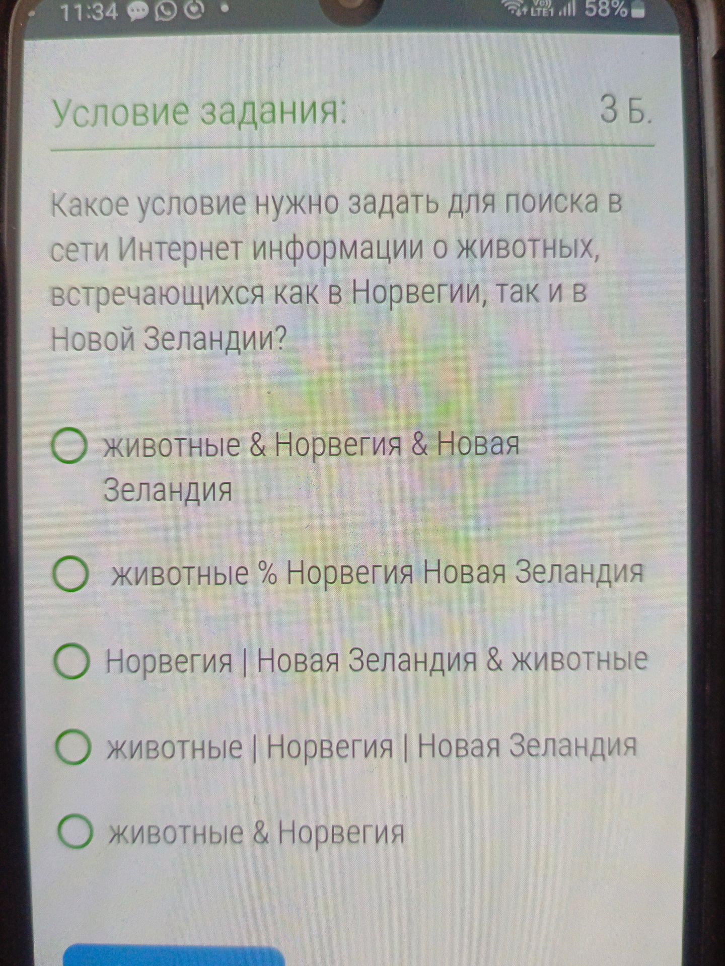 Фото задания: Какое условие нужно задать для поиска в сети Интернет информации о животных, встречающихся как в Норвегии, так и в Новой…