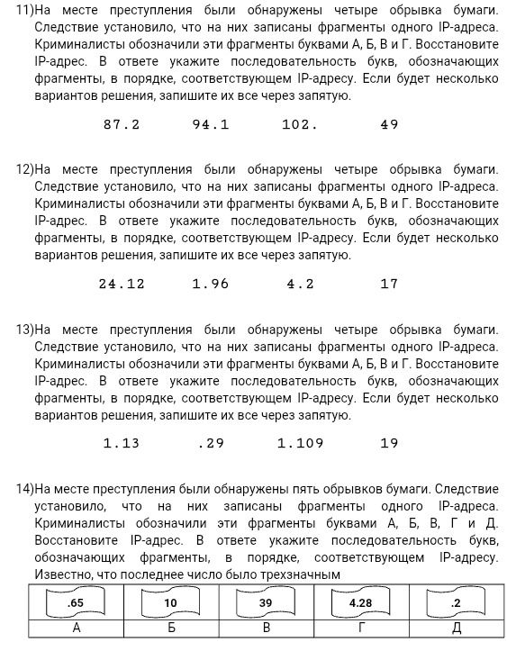 Фото задания: 11) На месте преступления были обнаружены четыре обрывка бумаги. Следствие установило, что на них записаны фрагменты одного…