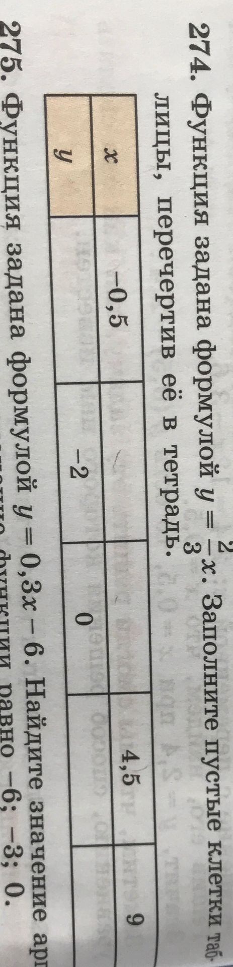 Фото задания: 274. Функция задана формулой y = 2/3 * x. Заполните пустые клетки таблицы, перечертив её в тетрадь.