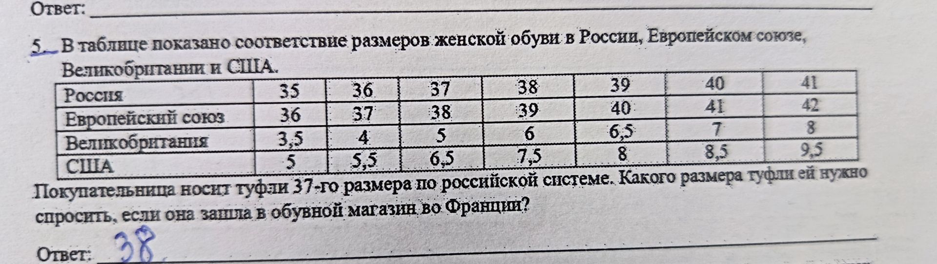 Фото задания: В таблице показано соответствие размеров женской обуви в России, Европейском союзе, Великобритании и США. Покупательница…