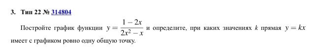 Фото задания: Постройте график функции y = (1-2x)/(2x^2-x) и определите, при каких значениях k прямая y = kx имеет с графиком ровно одну…
