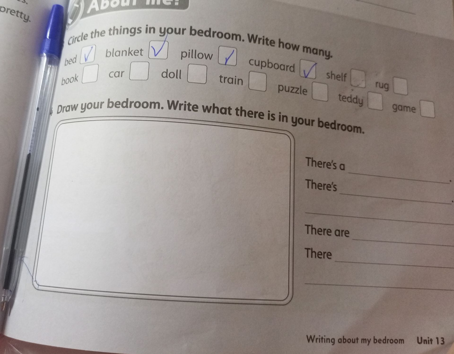 Фото задания: Draw your bedroom. Write what there is in your bedroom.