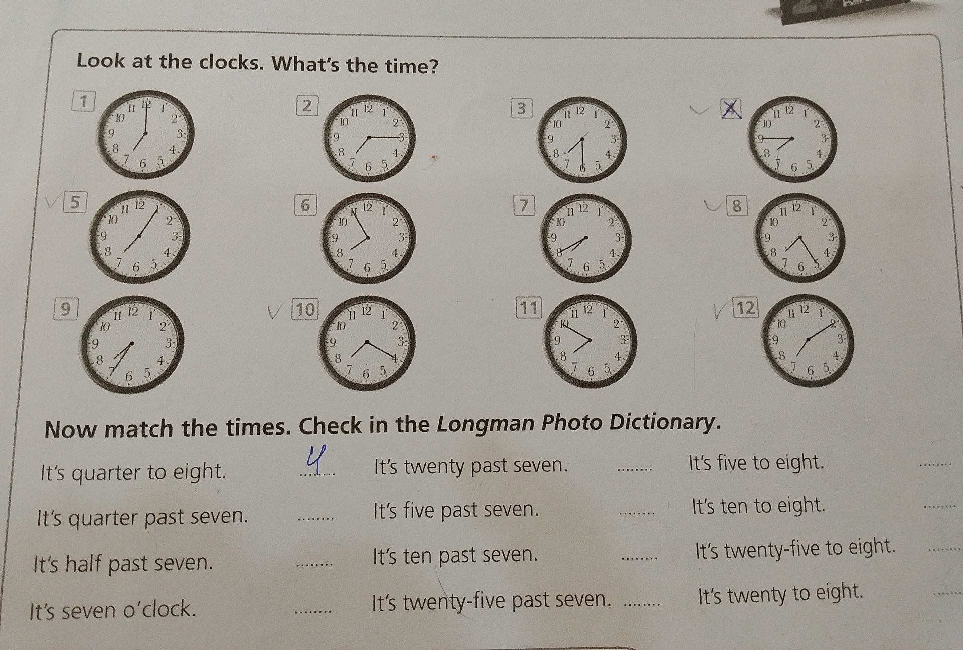 Фото задания: It's five to eight.