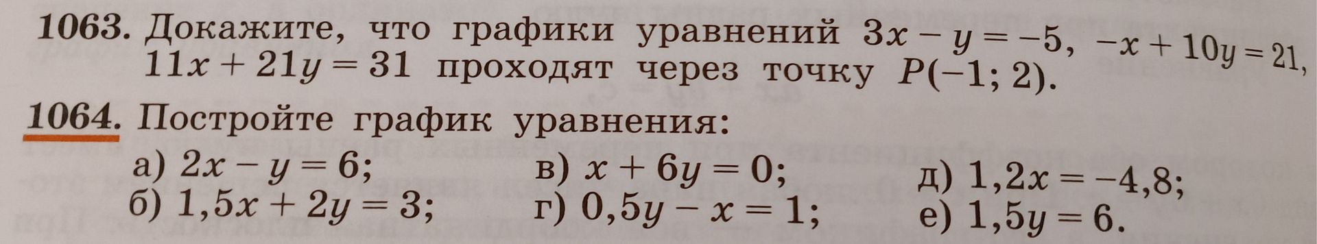 Фото задания: 1063. Докажите, что графики уравнений 3x - y = -5, -x + 10y = 21, 11x + 21y = 31 проходят через точку P(-1; 2).