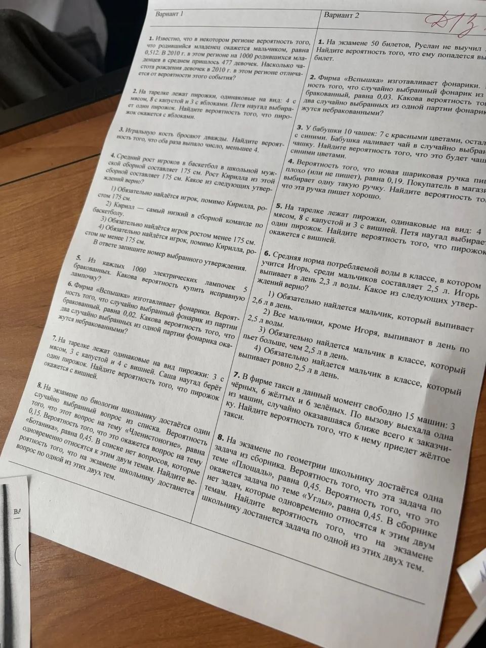 Фото задания: 5. На тарелке лежат пирожки, одинаковые на вид: 4 с мясом, 8 с капустой и 3 с вишней. Петя наугад выбирает один пирожок.…