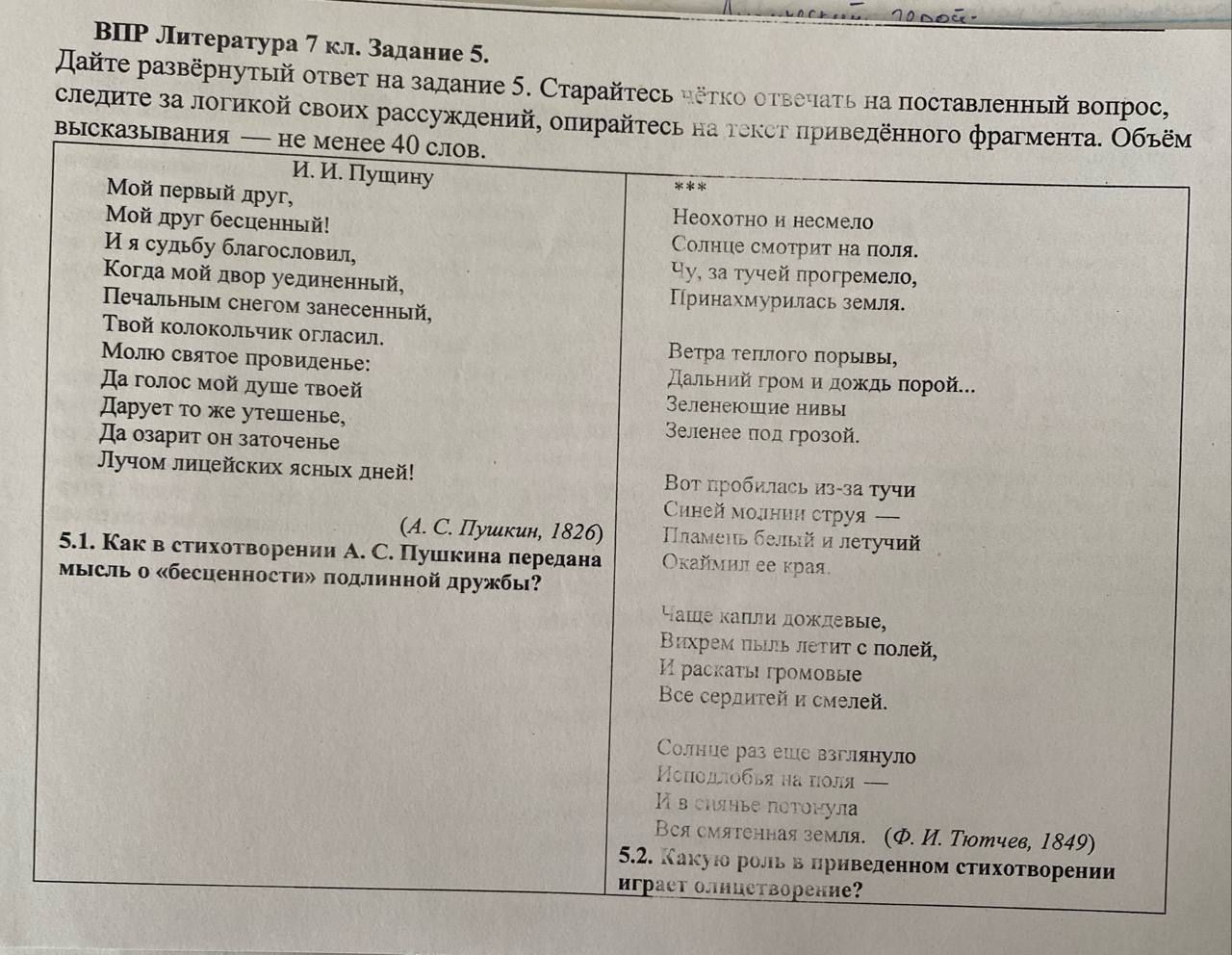 Фото задания: Как в стихотворении А. С. Пушкина передана мысль о «бесценности» подлинной дружбы?