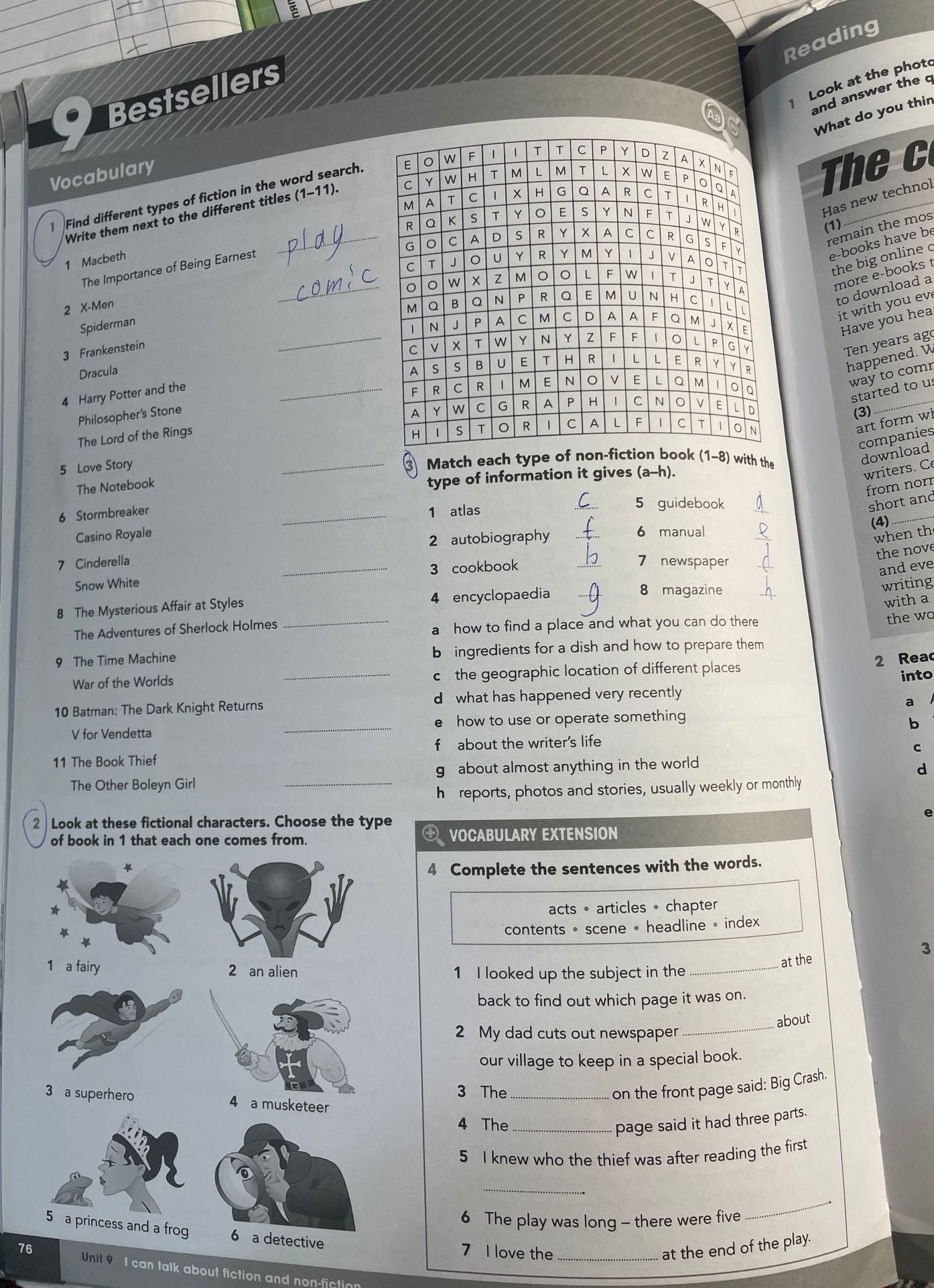 Фото задания: Find different types of fiction in the word search. Write them next to the different titles (1–11).