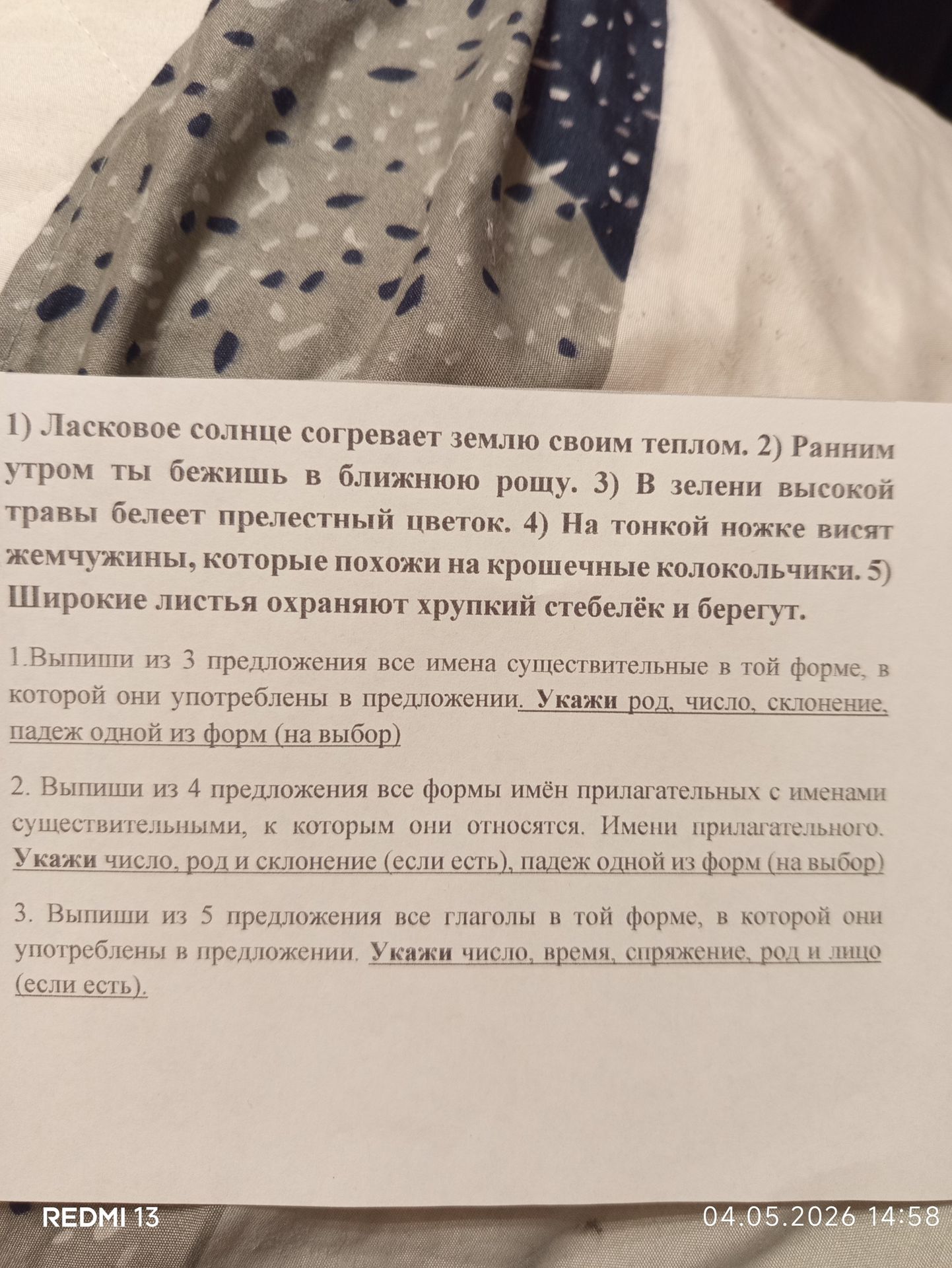 Фото задания: 1. Выпиши из 3 предложения все имена существительные в той форме, в которой они употреблены в предложении. Укажи род,…