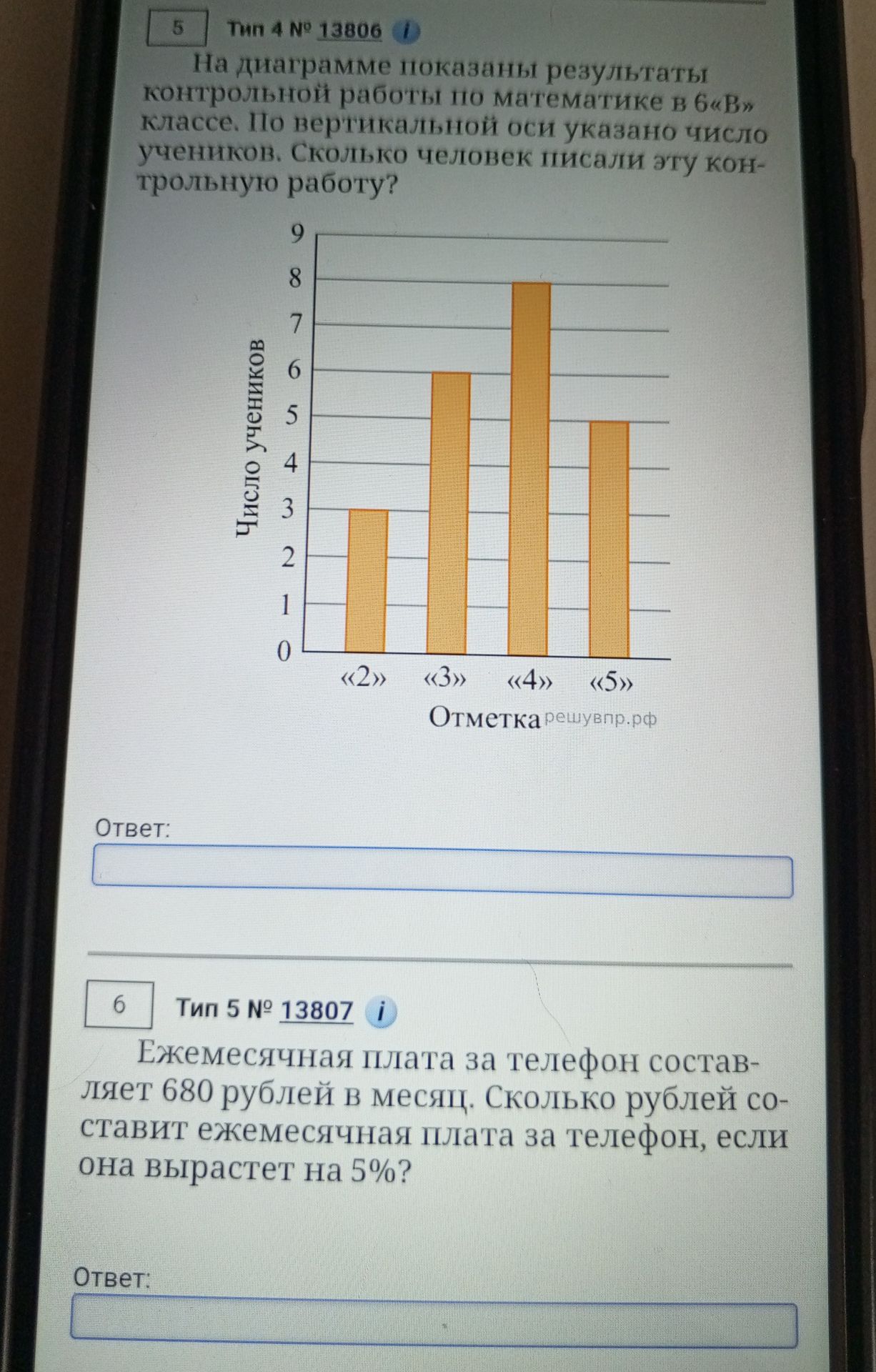 Фото задания: На диаграмме показаны результаты контрольной работы по математике в 6«В» классе. По вертикальной оси указано число…