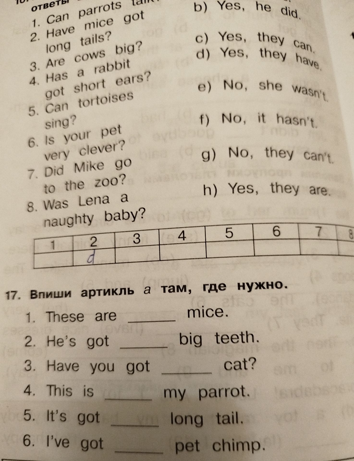 Фото задания: 17. Впиши артикль а там, где нужно. 1. These are mice. 2. He's got big teeth. 3. Have you got cat? 4. This is my parrot. 5.…