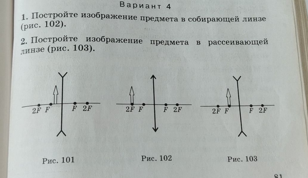 Фото задания: 1. Постройте изображение предмета в собирающей линзе (рис. 102).