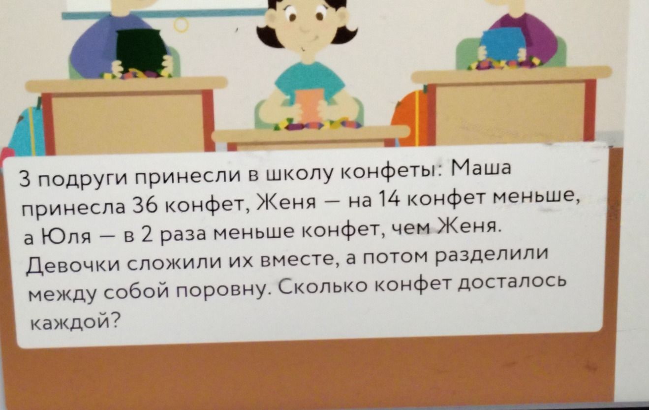 Фото задания: 3 подруги принесли в школу конфеты: Маша принесла 36 конфет, Женя — на 14 конфет меньше, а Юля — в 2 раза меньше конфет,…