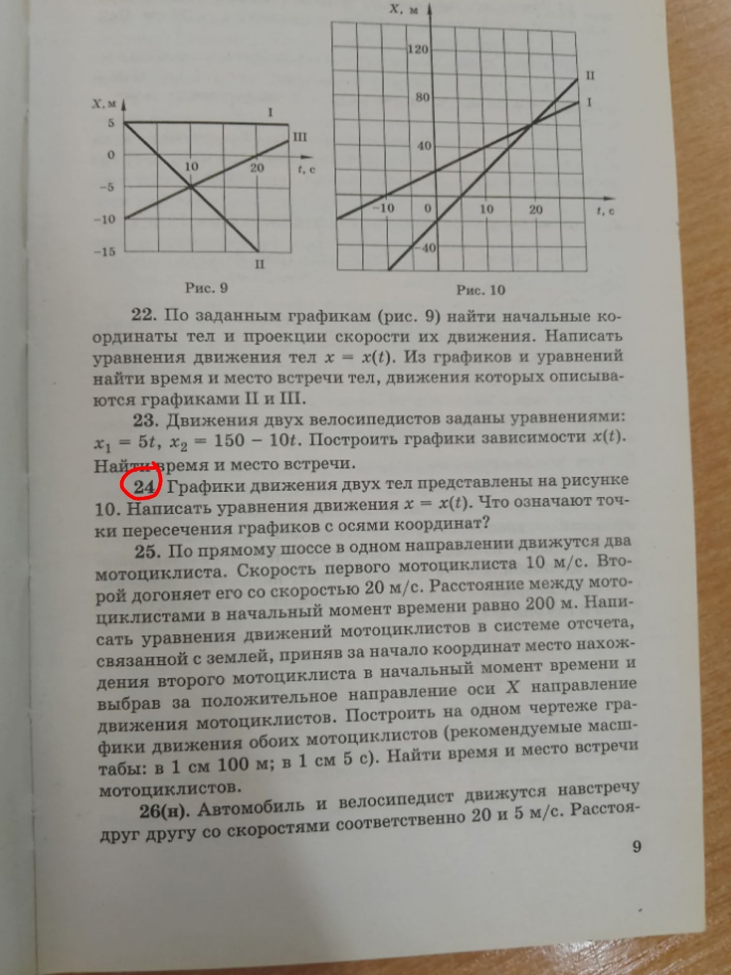 Фото задания: 22. По заданным графикам (рис. 9) найти начальные координаты тел и проекции скорости их движения. Написать уравнения движения…