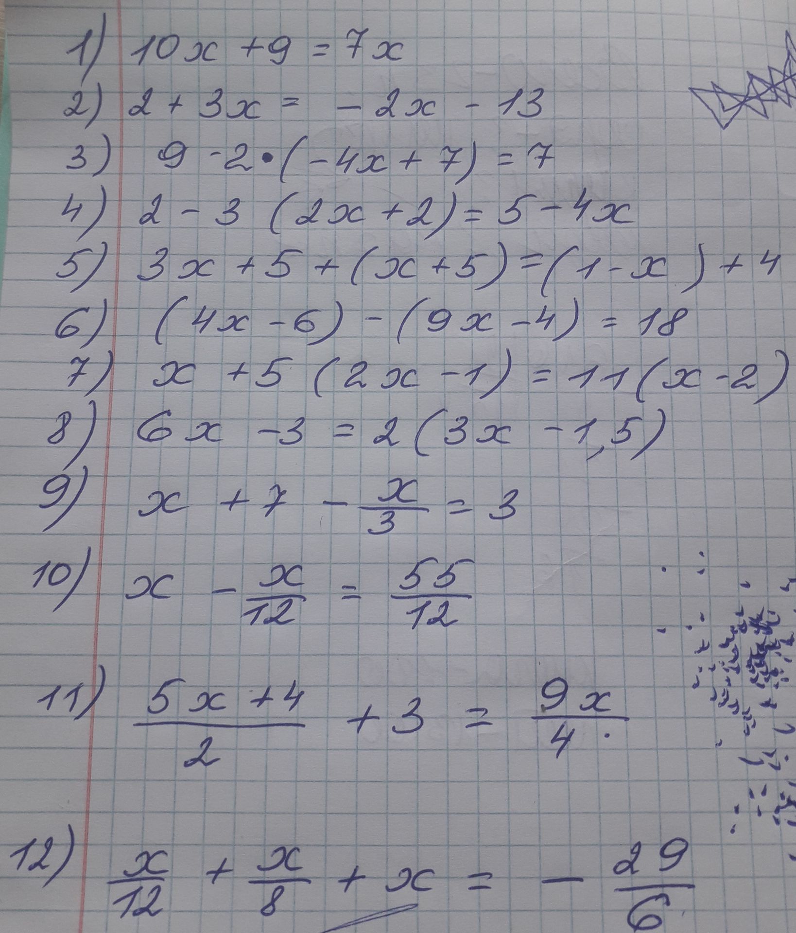 Фото задания: 11) (5x + 4)/2 + 3 = 9x/4
