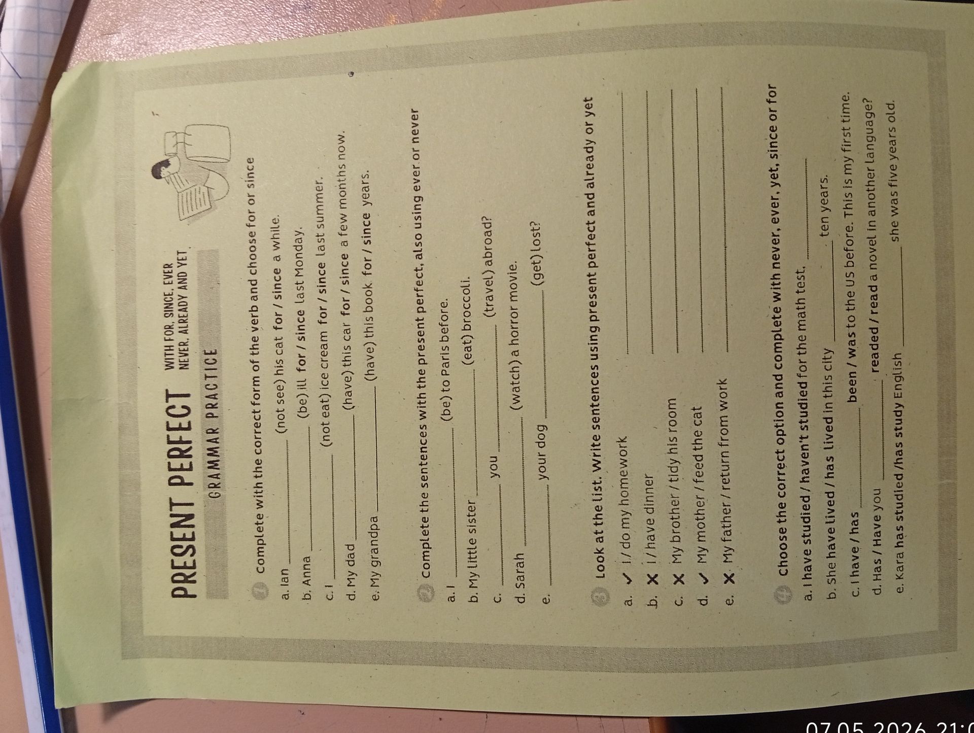 Фото задания: Look at the list. Write sentences using present perfect and already or yet.