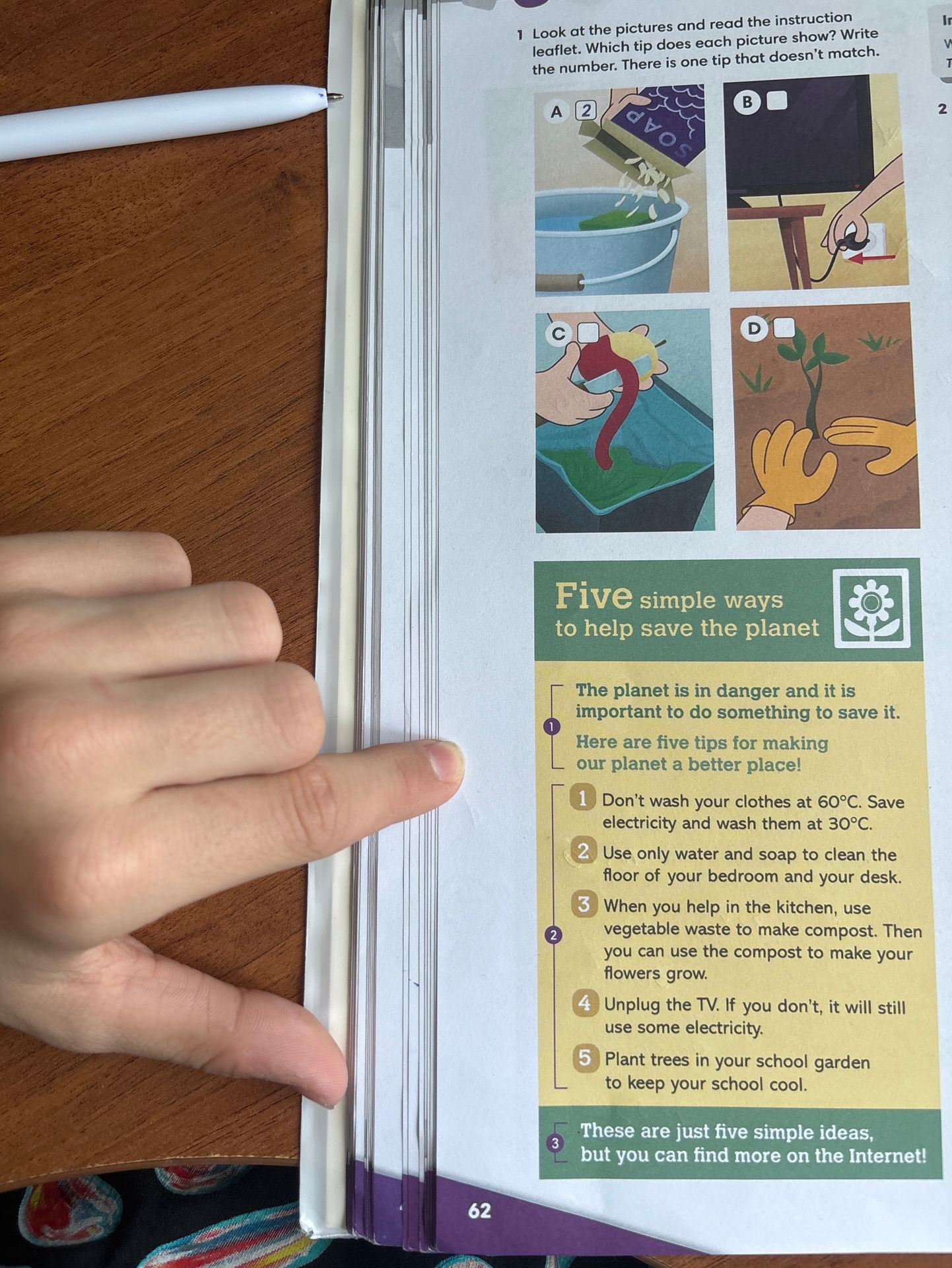 Фото задания: 1 Look at the pictures and read the instruction leaflet. Which tip does each picture show? Write the number. There is one tip…